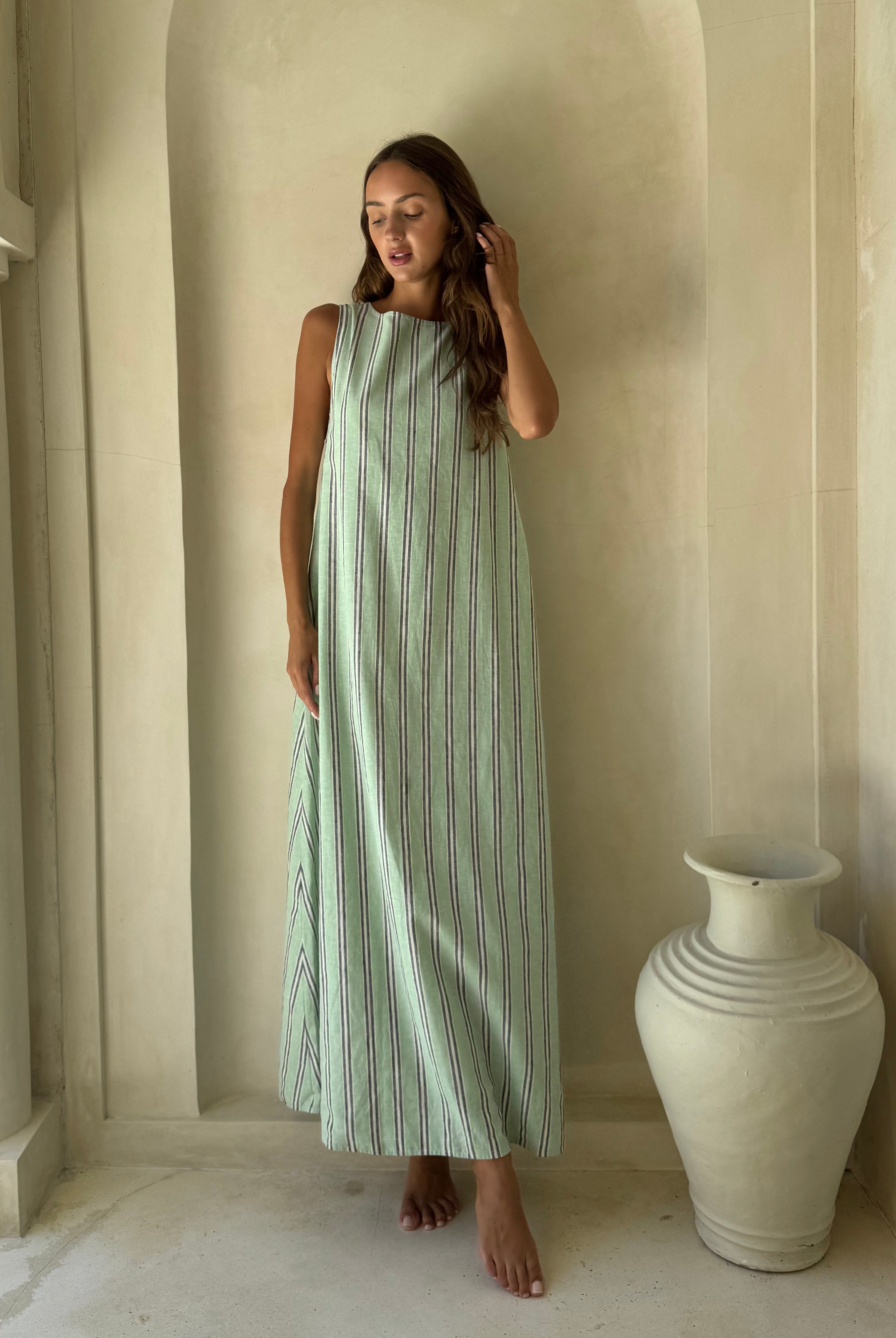 Gili Green Navy and White Stripe Maxi Dress styled as a chic beach coverup for a European summer vacation