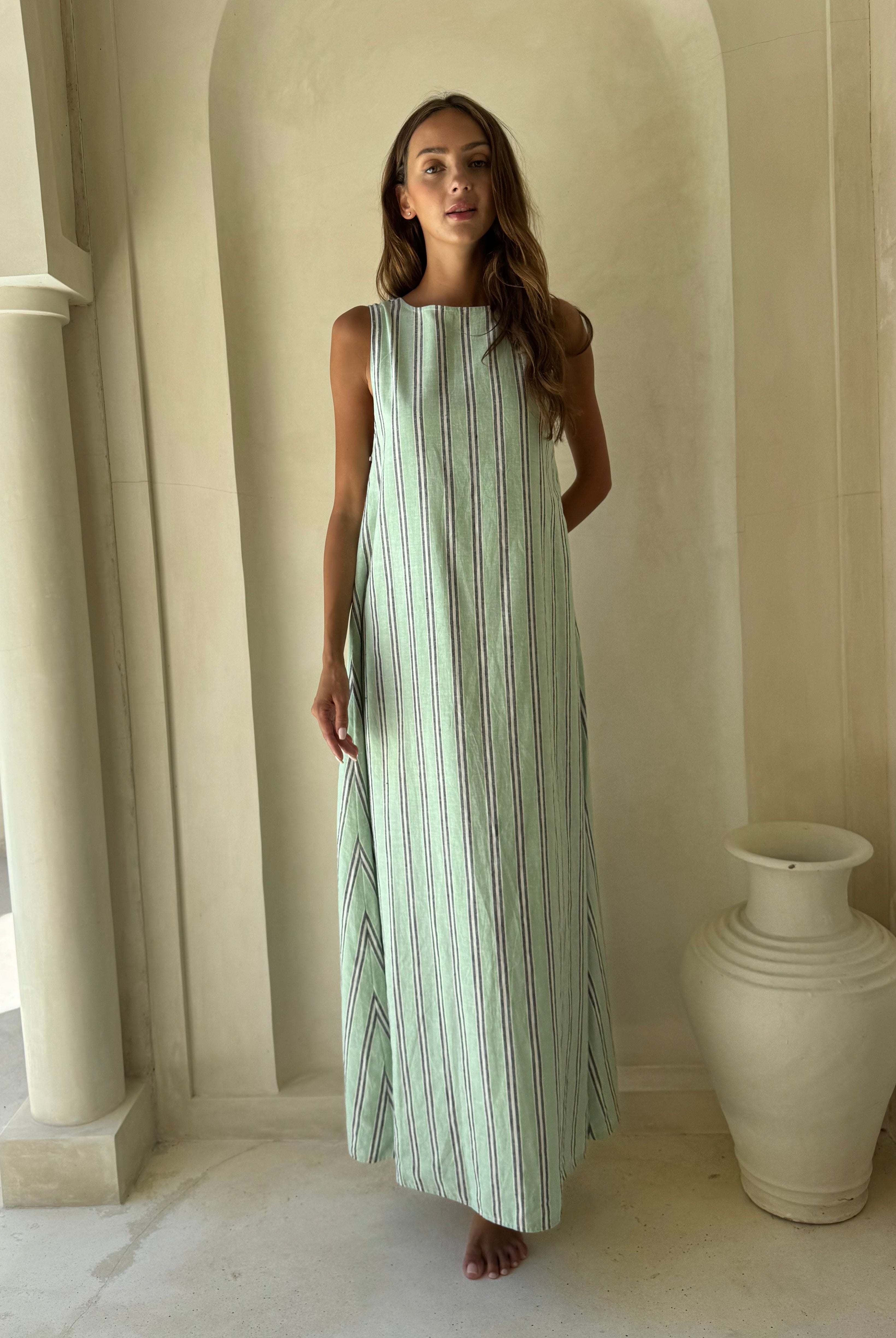 Gili Green and White Stripe Maxi Dress styled for an Amalfi Coast beach day, lightweight and effortless