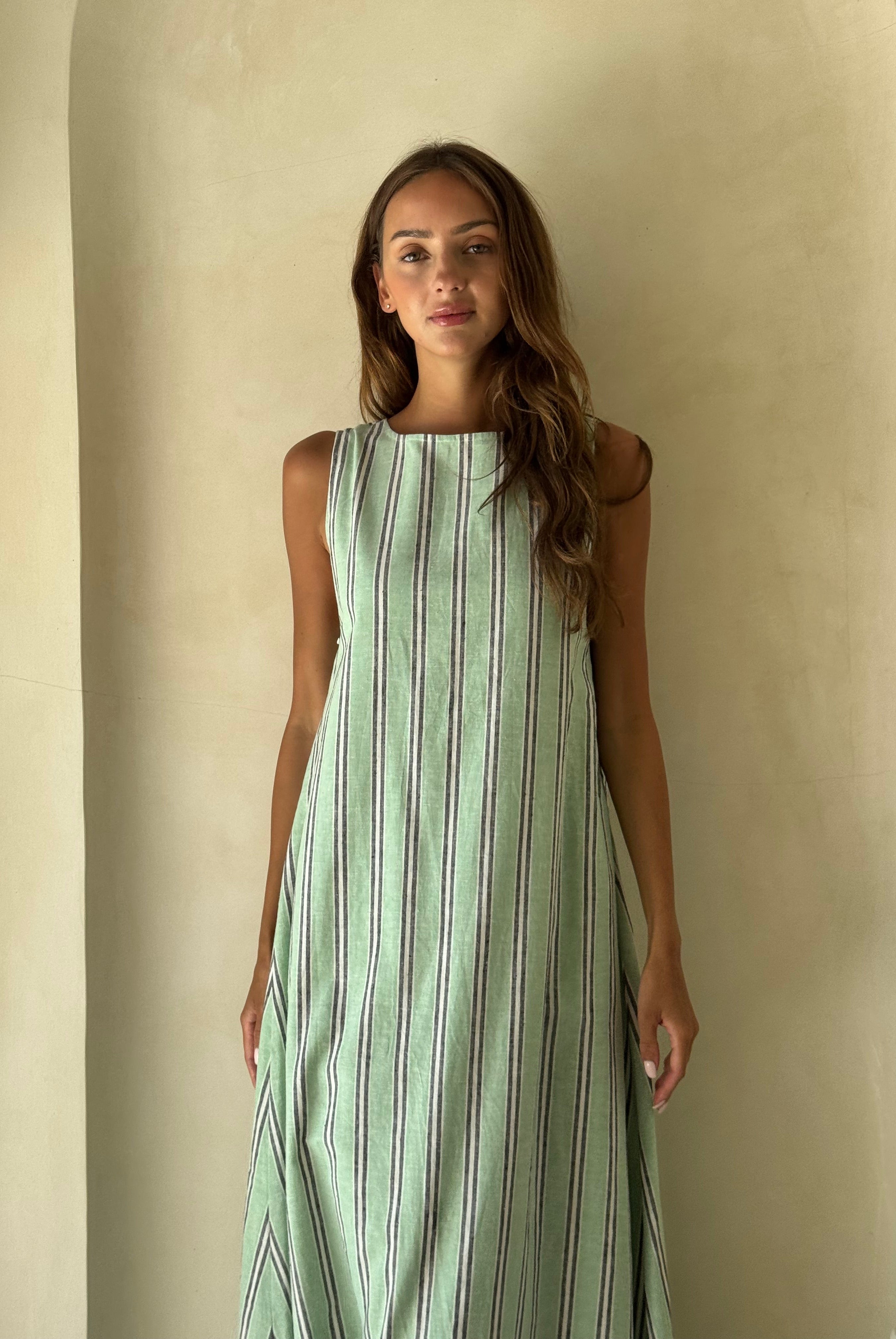 Gili Green Navy and White Stripe Maxi Dress for a Hamptons beach day, breezy floor-length silhouette
