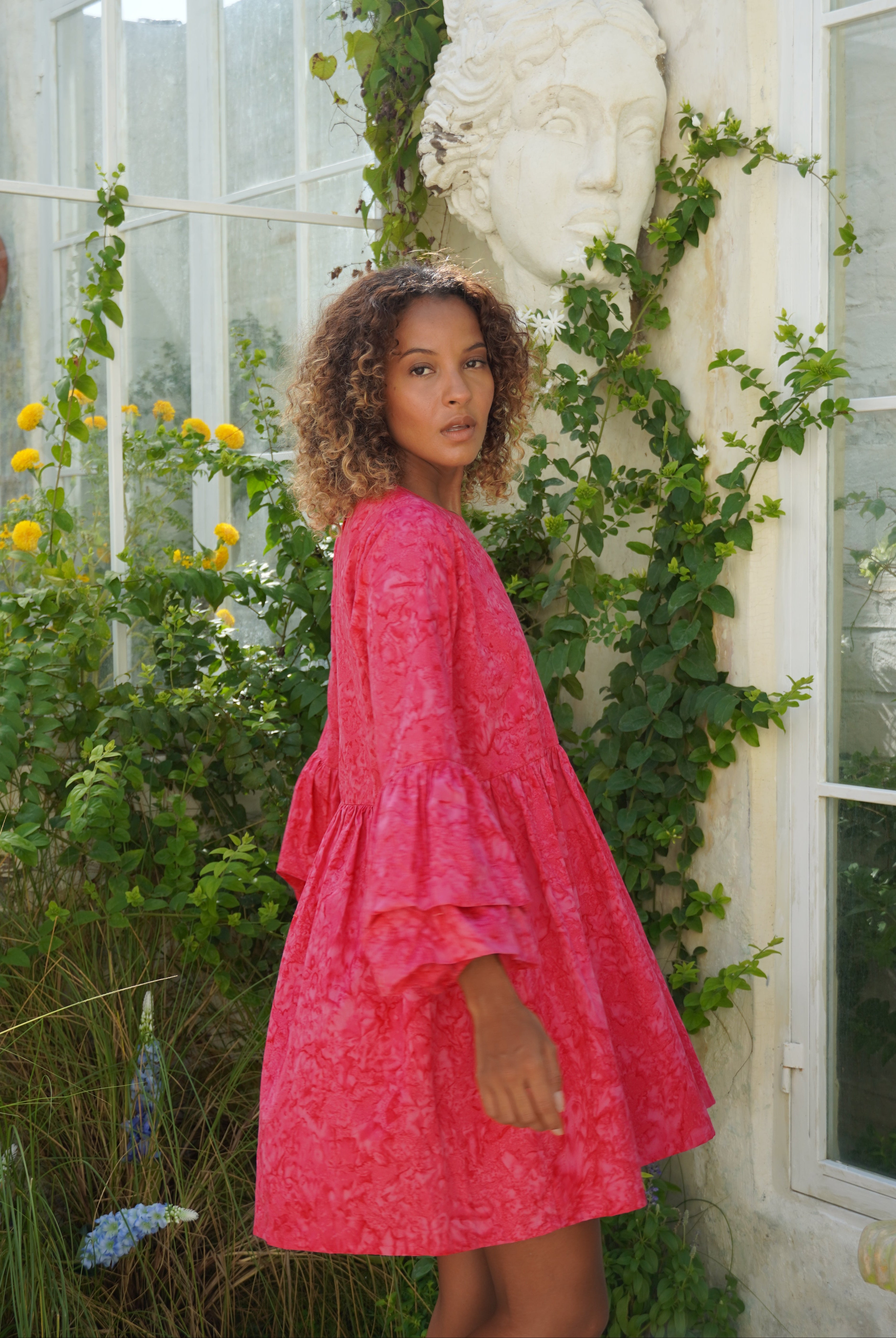 Hot pink hand-dyed ruffle sleeve cotton mini dress Mother's Day brunch and spring celebration outfit 2026, feminine oversized dress for outdoor occasion