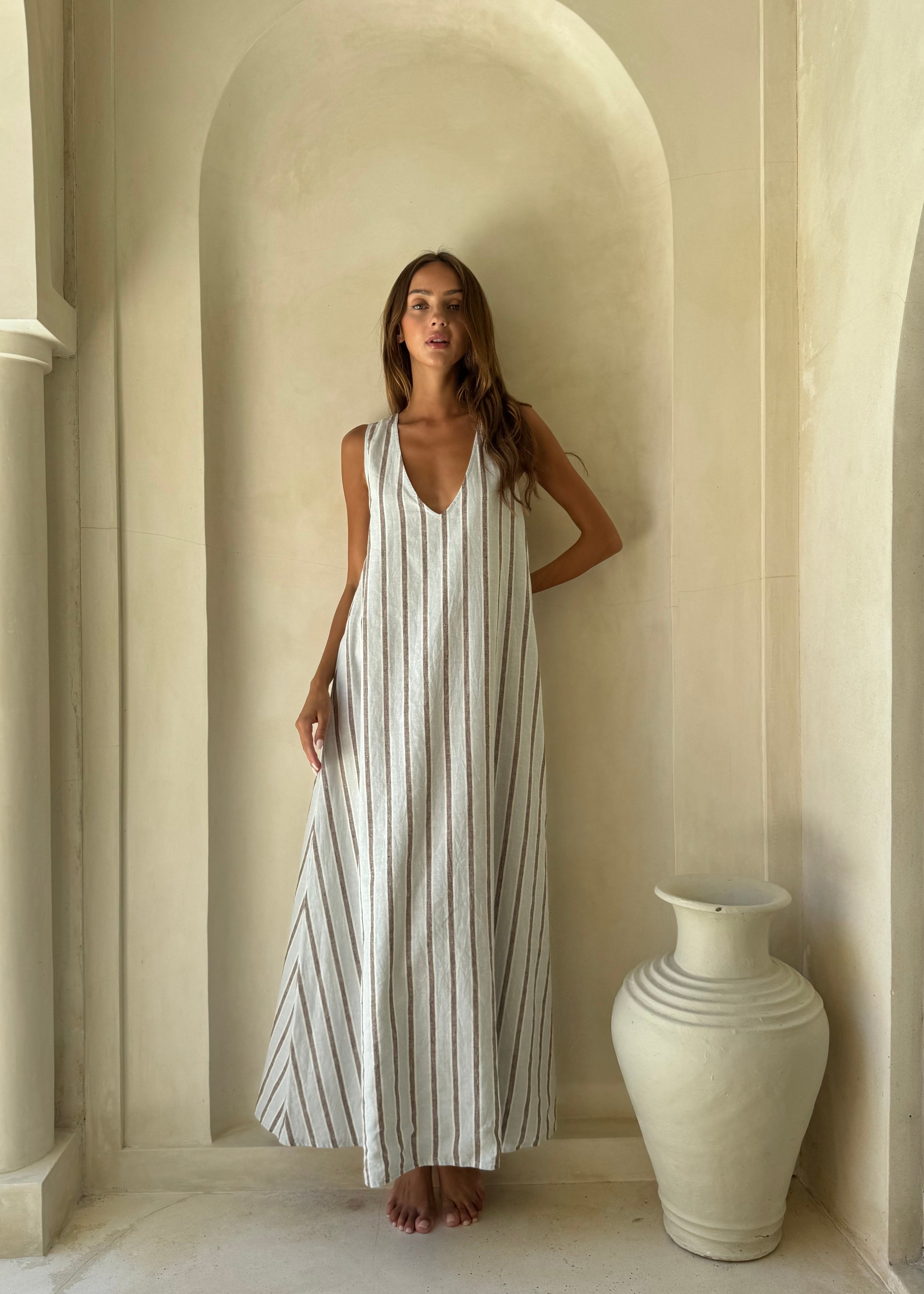 Ice blue stripe hemp cotton maxi dress beach vacation outfit summer 2026, reversible V-neck or high neck Couper x Puka Exclusive Gili Dress