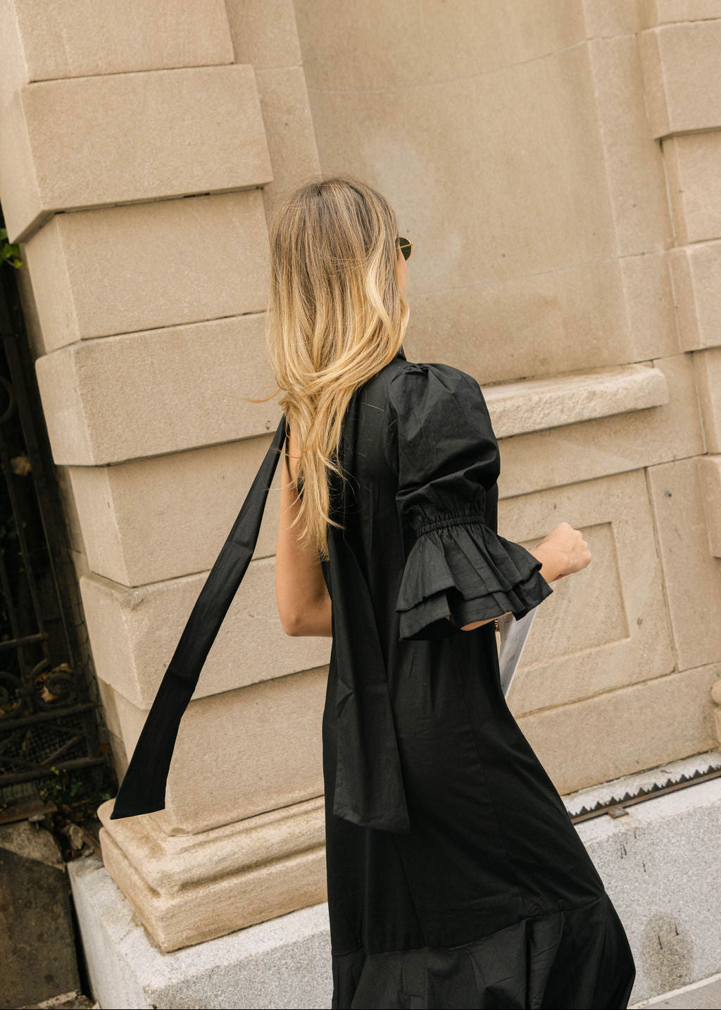 Jules Fox NYC evening outfit black ruffle maxi dress, influencer style sophisticated black cotton maxi 2026