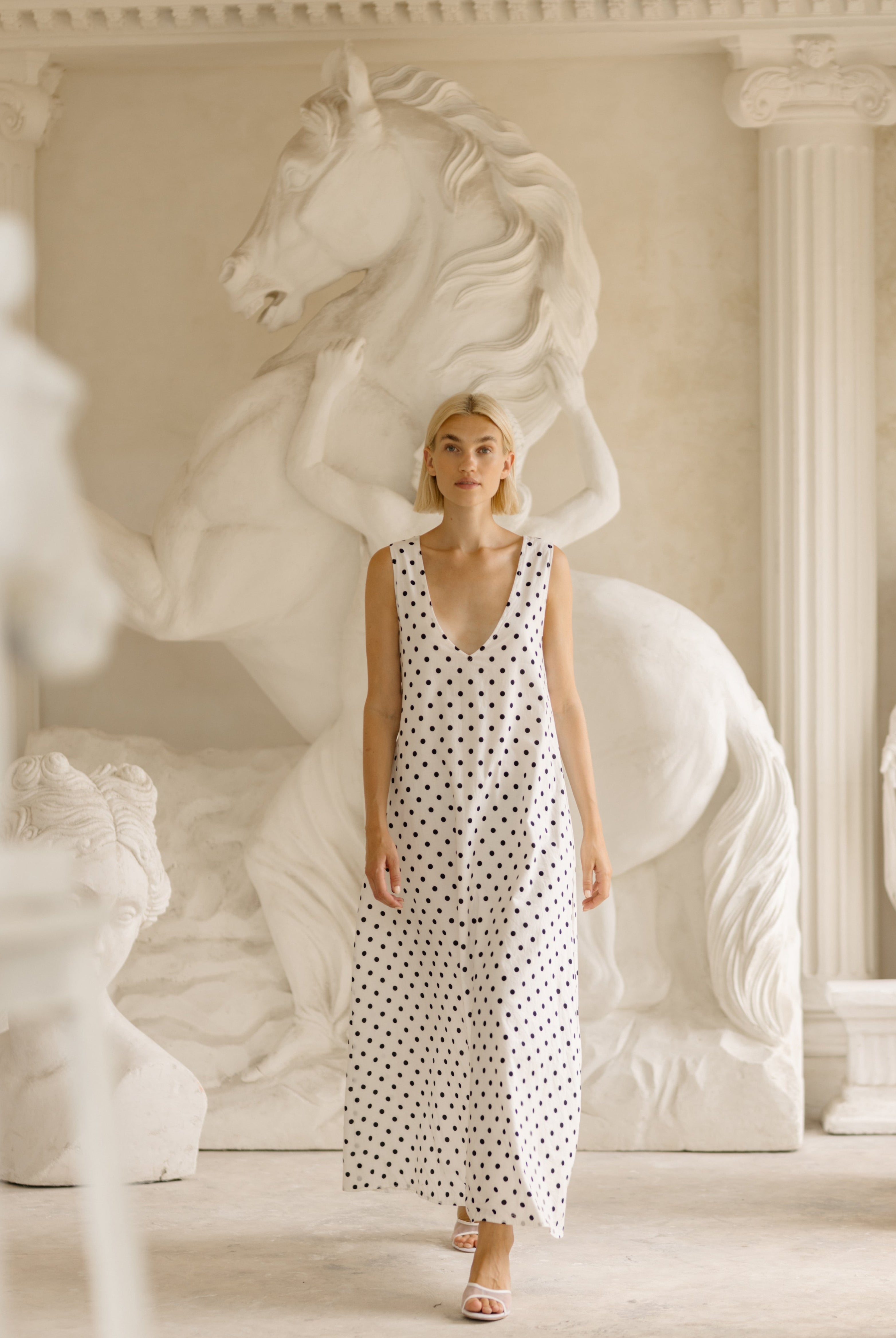 Black and white polka dot maxi dress tea party outfit idea 2026, elegant cotton dress for spring garden party, bridal shower, and luncheon