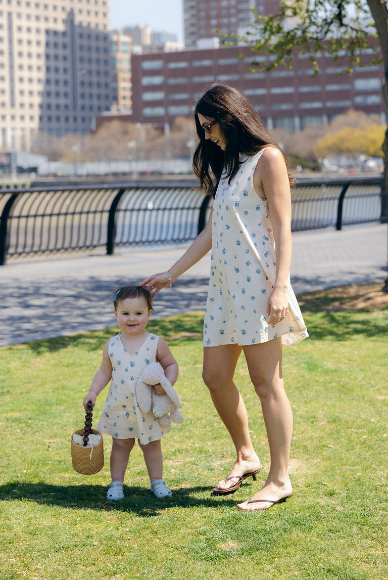 Blue Posey Little Gili and Mini Gili Mommy and Me matching outfits, mother daughter toddler floral dress walking outdoors spring 2026 Puka The Label