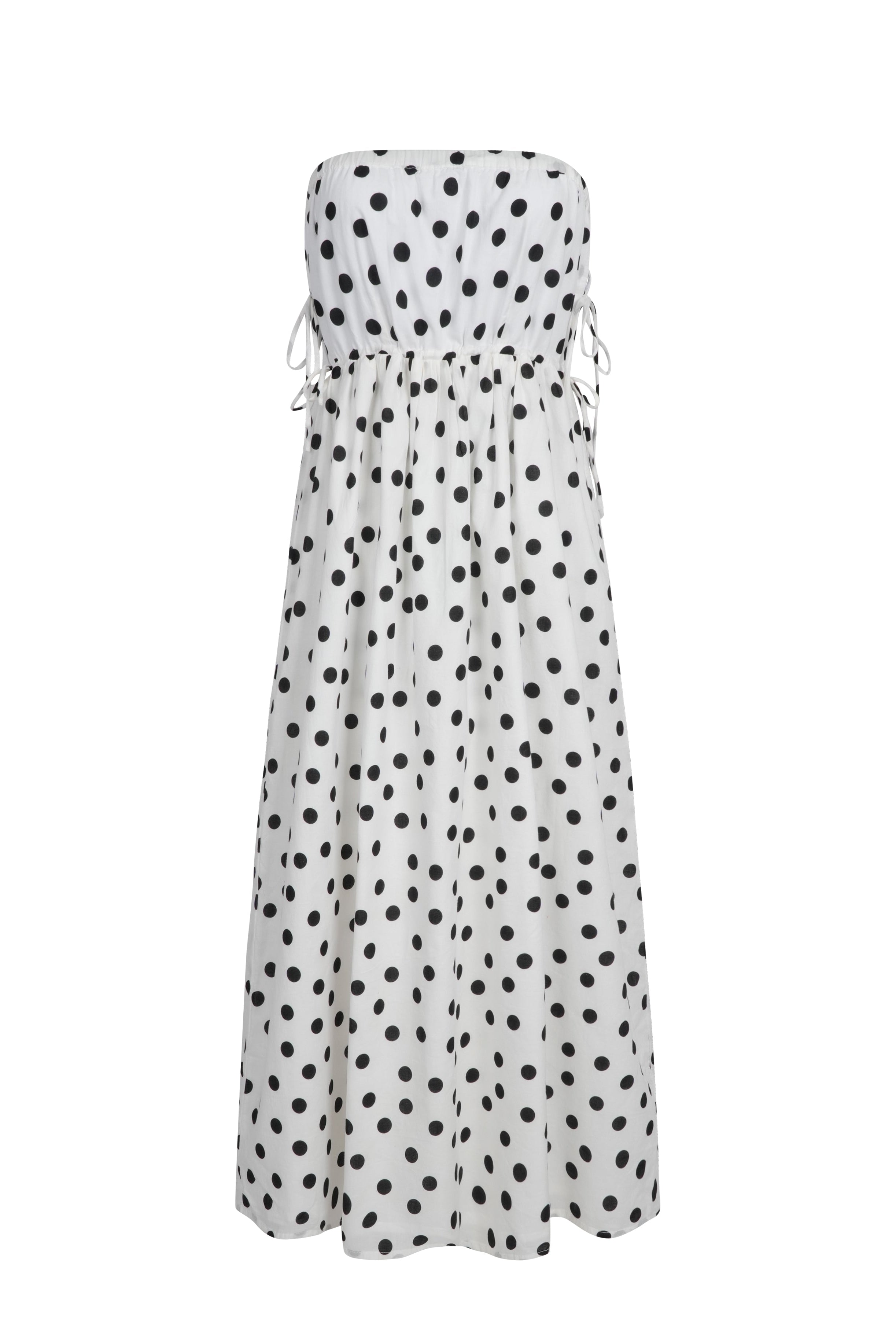 flat lay/ghost mannequin) Loren Midi Dress flat lay black and white polka dot strapless cotton dress ghost mannequin, 100% cotton breezy midi dress Puka The Label