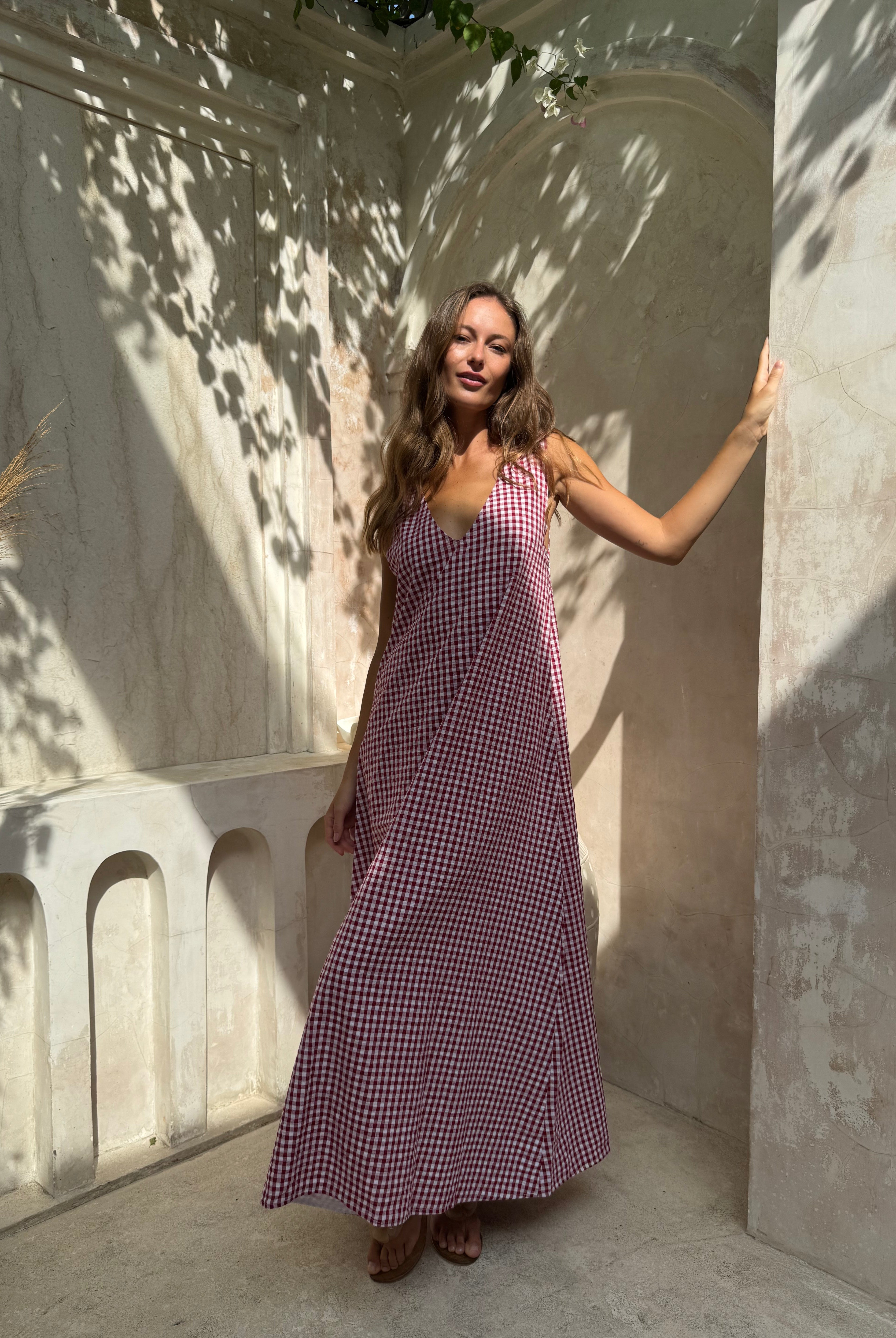Maroon gingham Gili maxi β 4th of July and Memorial Day patriotic Americana dress 2026, Puka The Label