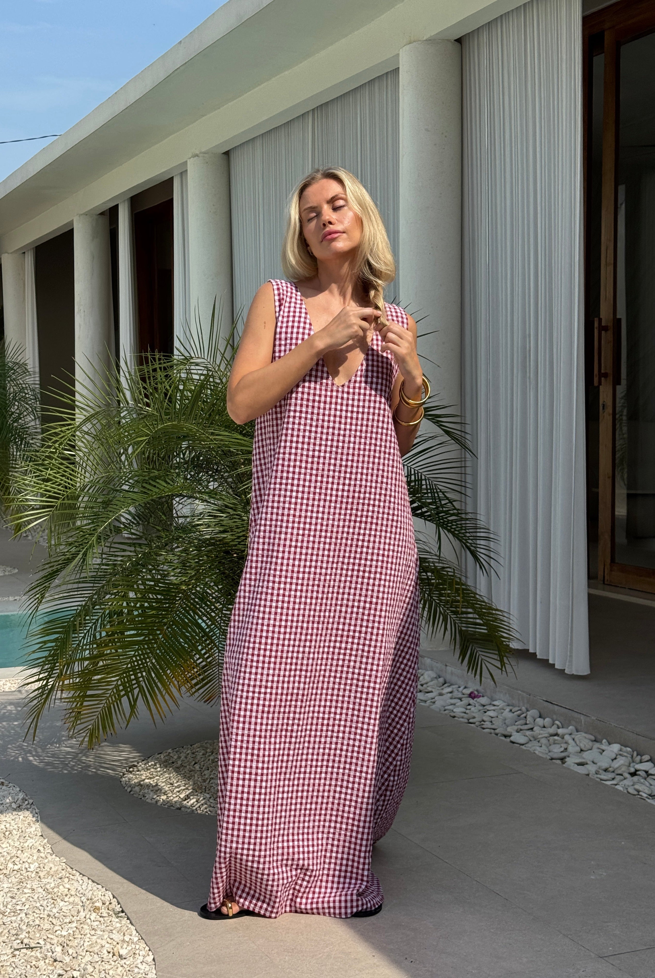 Maroon gingham Gili maxi dress beach vacation outfit for women 2026 β lined breathable cotton, Puka The Label