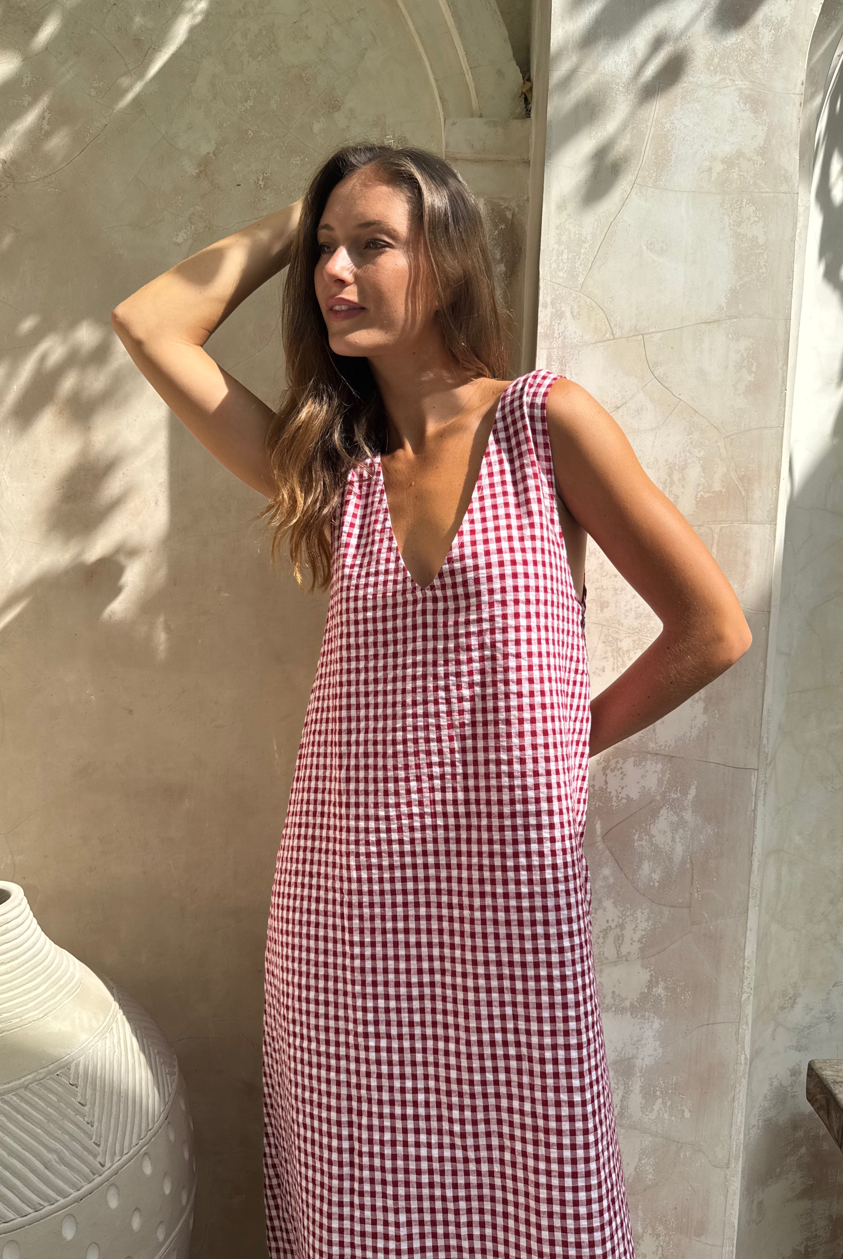 Maroon gingham Gili maxi styled with gold jewellery β elevated summer evening and dinner look, Puka The Label