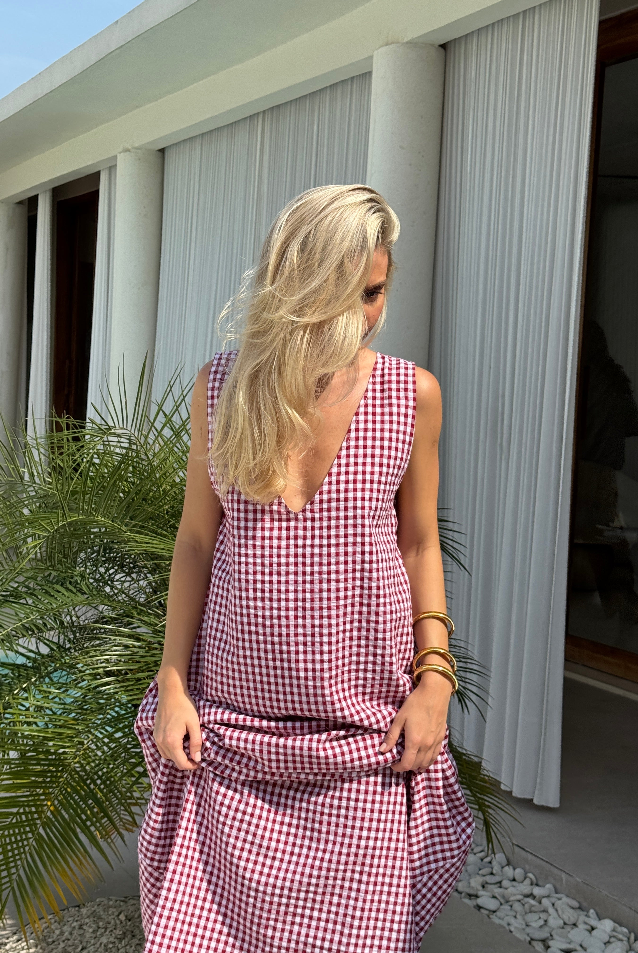 Maroon gingham Gili maxi dress β European summer vacation and Amalfi Coast outfit idea, Puka The Label