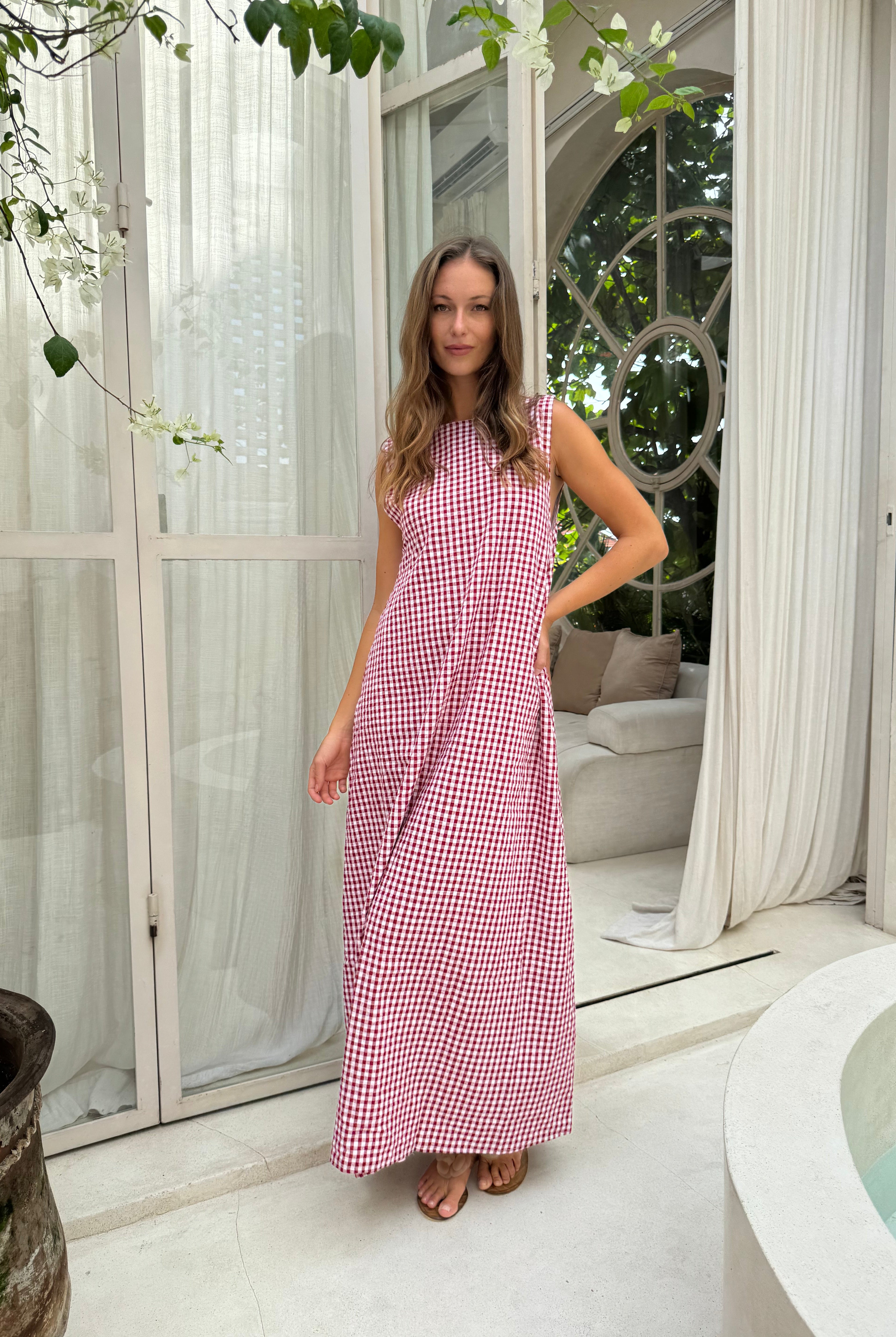 Maroon gingham Gili maxi dress β coastal grandmother aesthetic, effortless summer style, Puka The Label