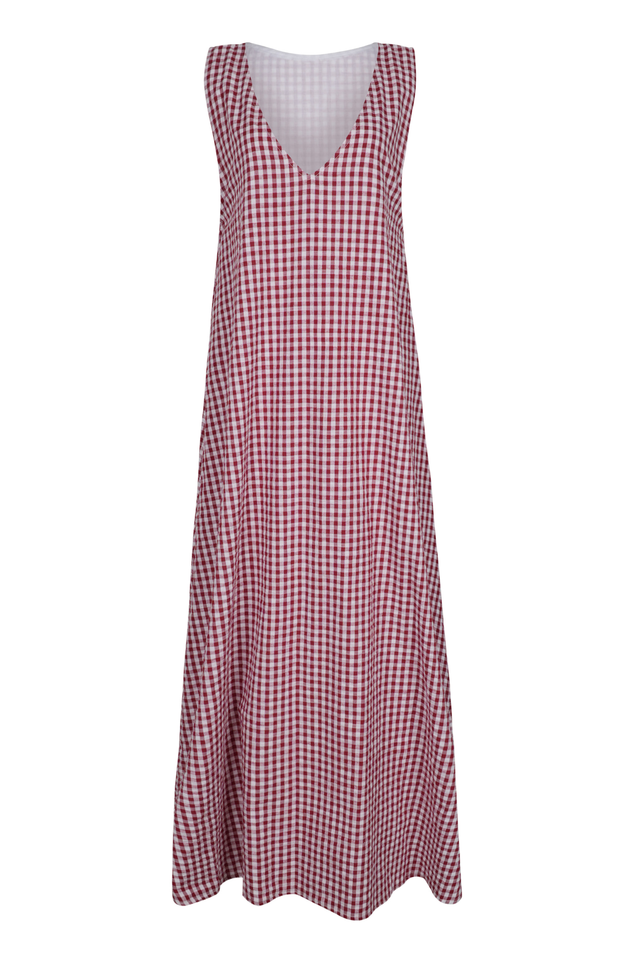 Maroon gingham Gili maxi dress ghost mannequin β reversible lined 100% cotton, Puka The Label