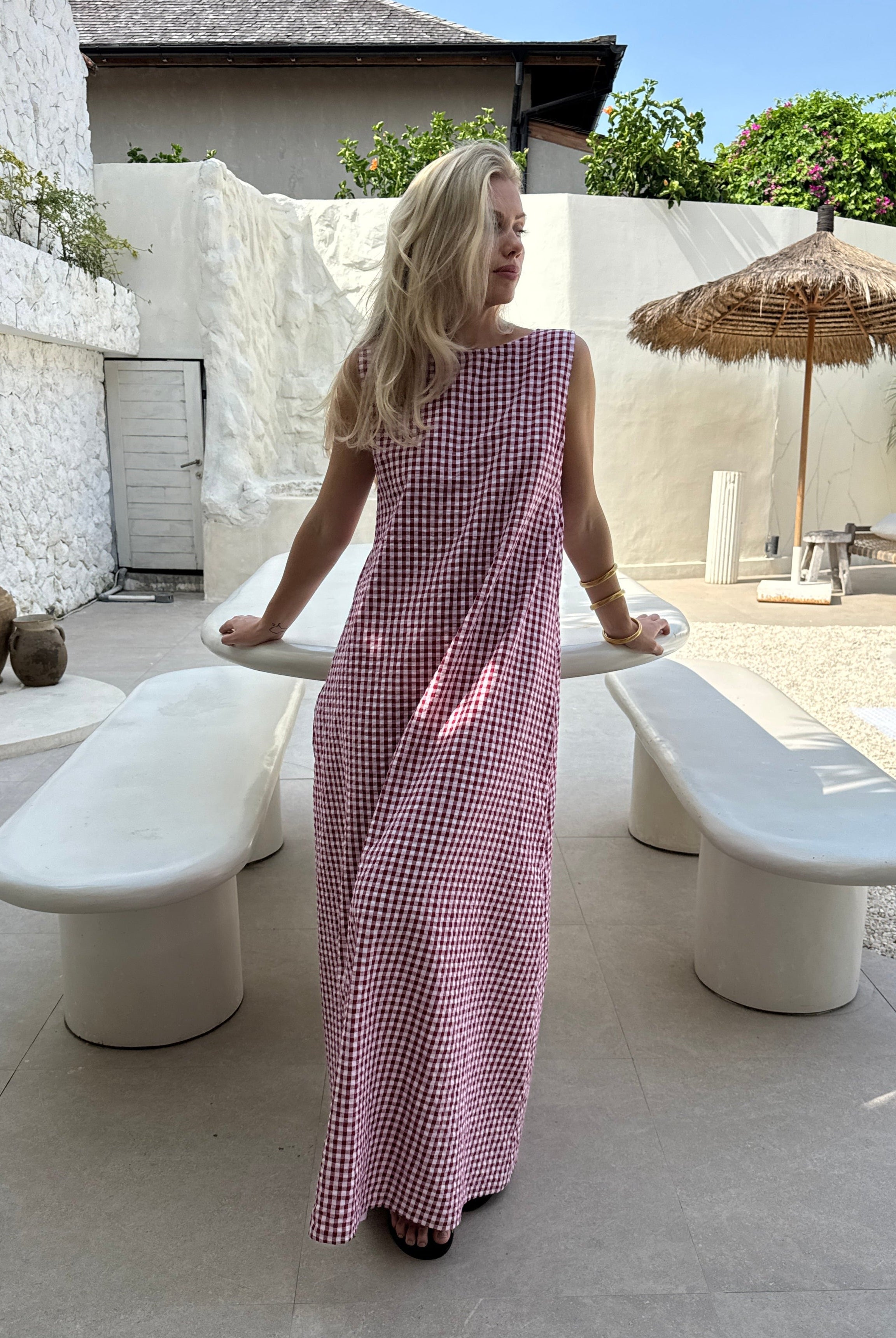 Maroon gingham Gili maxi dress β old money aesthetic and quiet luxury summer outfit, Puka The Label