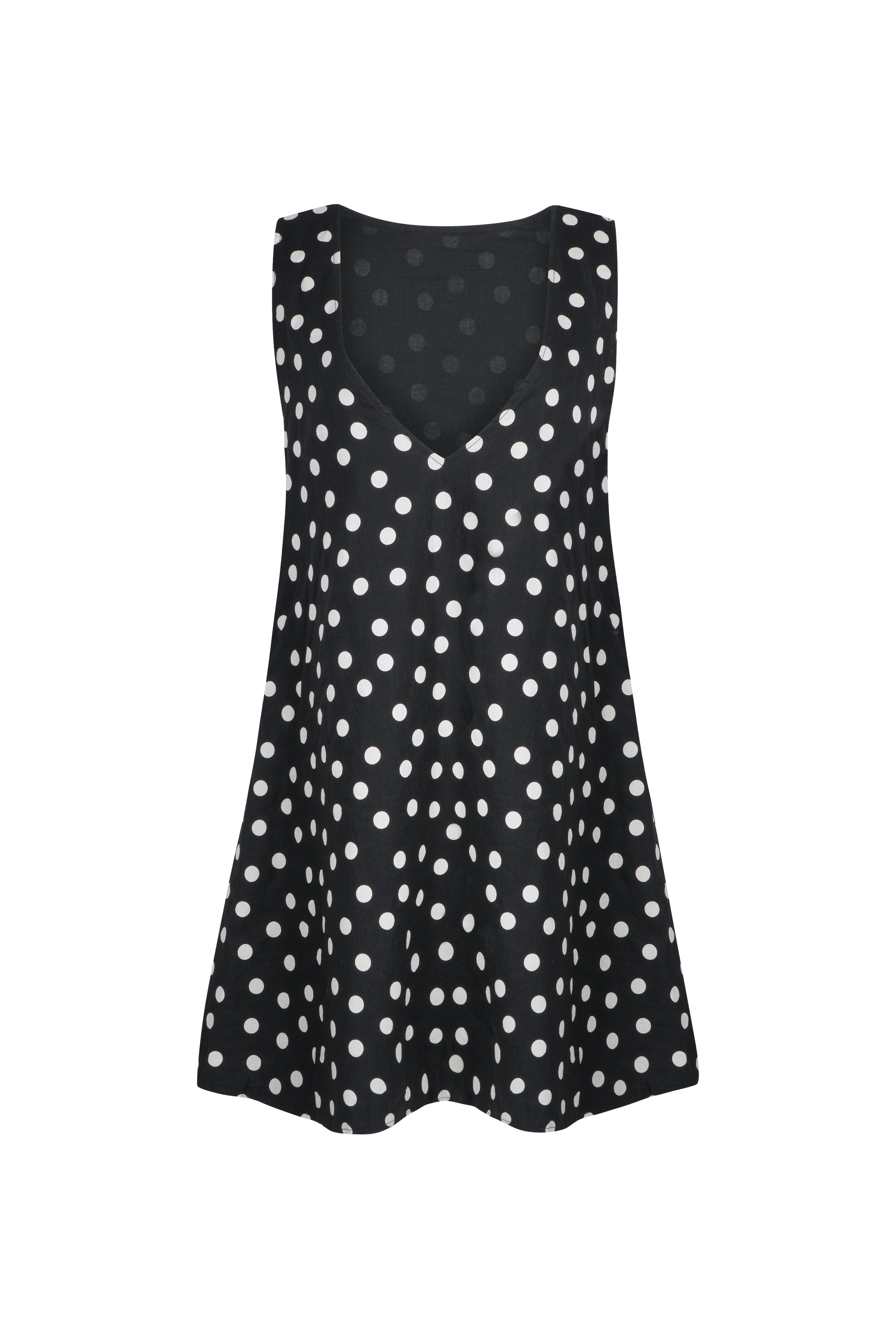 Mini Gili Polkadot flat lay ghost mannequin, black and white short cotton mini dress side zipper 100% cotton Puka The Label