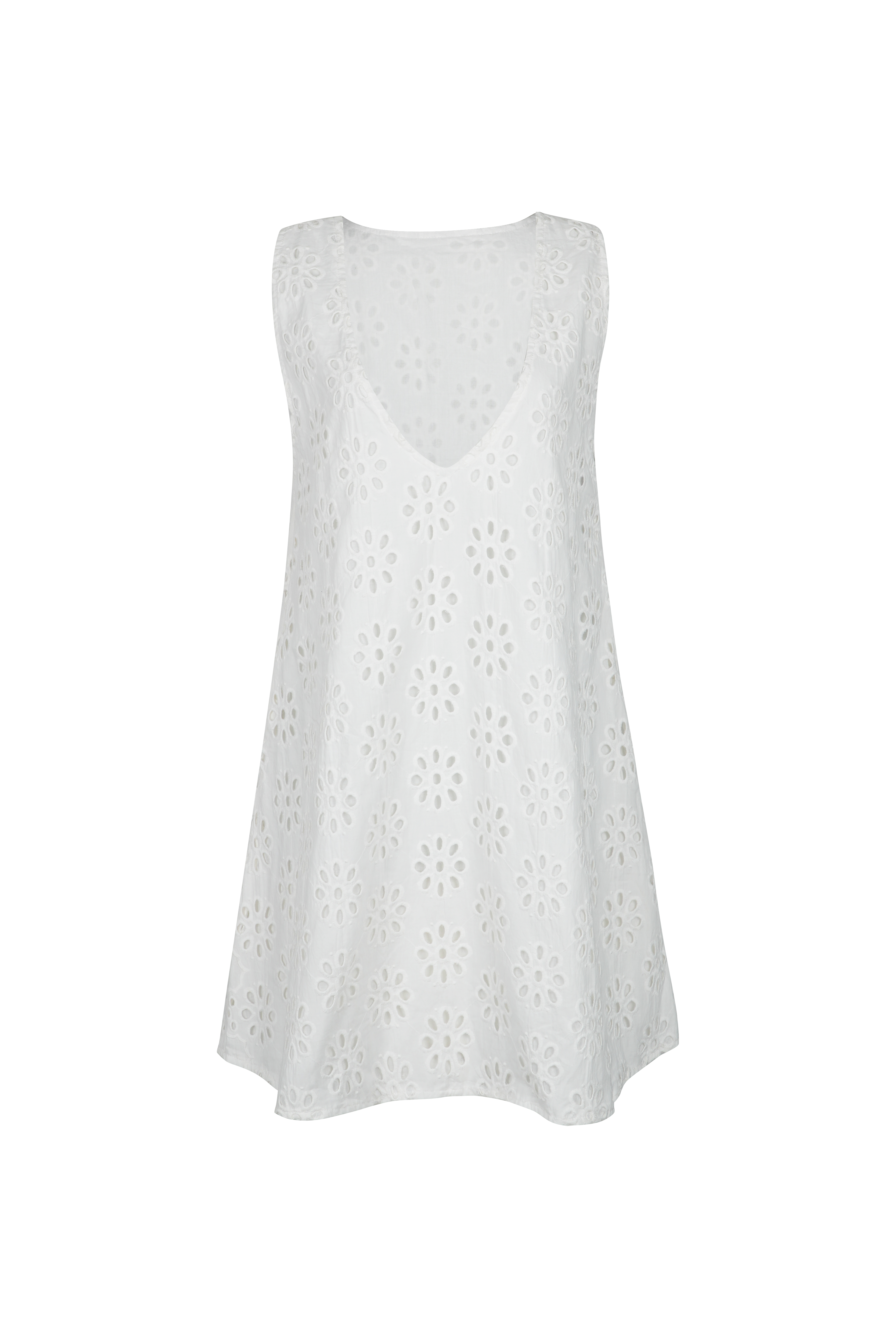 Mini Gili white floral eyelet ghost mannequin flat lay, reversible V-neck high neck cotton eyelet mini dress with side zipper 100% cotton Puka The Label 2026