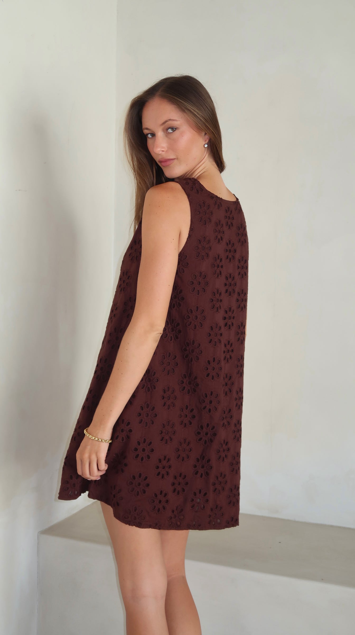 Brown eyelet Mini Gili back view — open reversible neckline detail, chocolate brown cotton, Couper x Puka