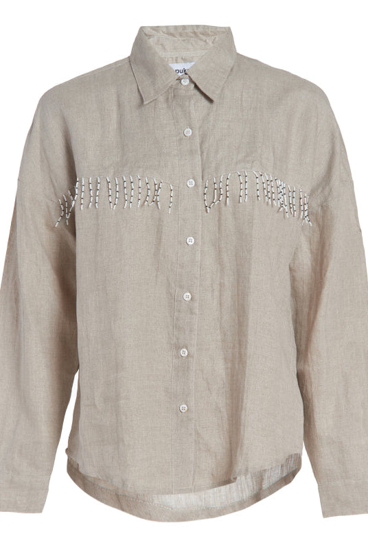 Puka The Label natural Ulu elevated western fringe blouse — styled for ranch events, Round Top Texas, and fall Sun Valley weekends