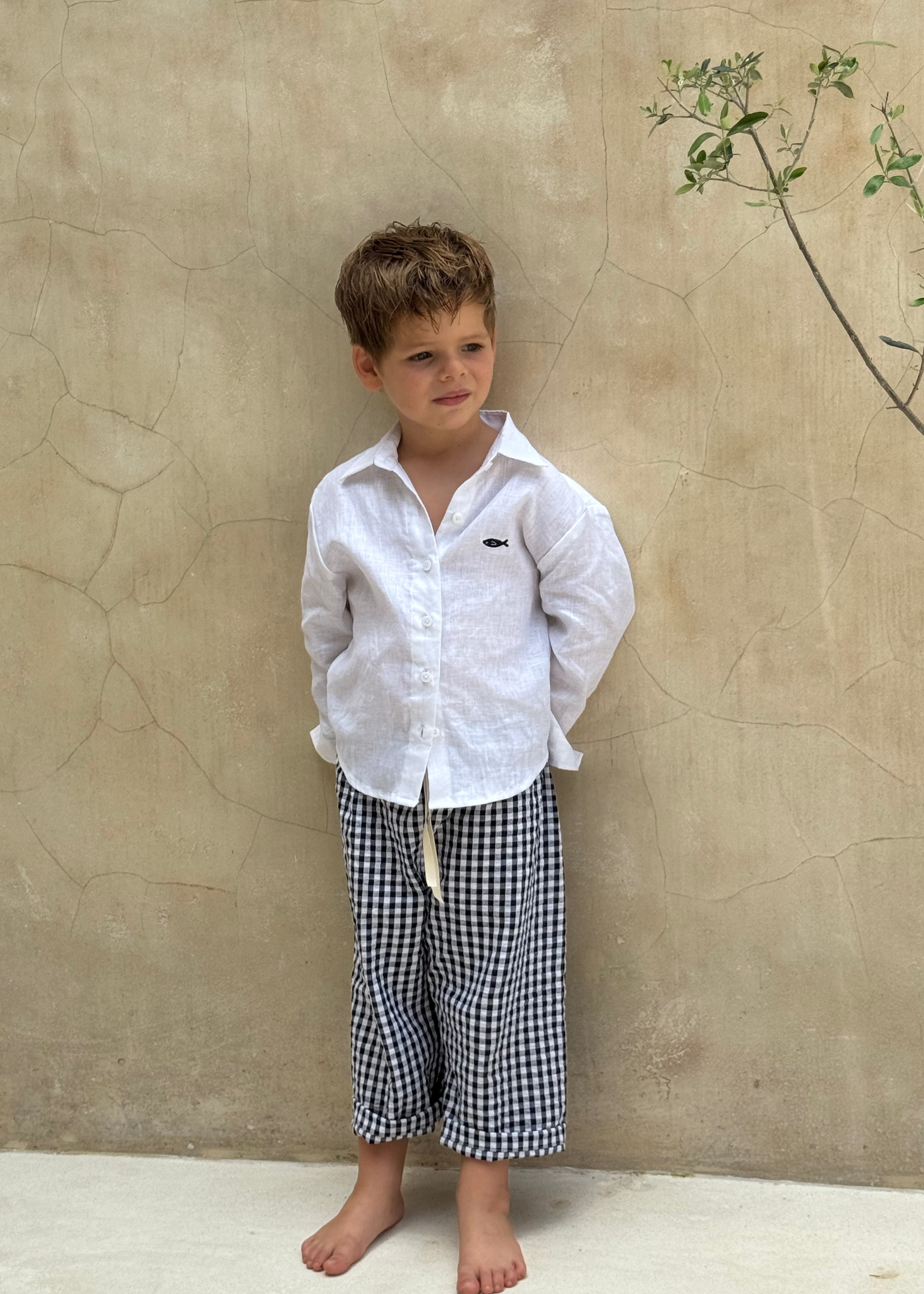Navy gingham boys pants Pantai Pant by Puka The Label, kids coastal beach resort outfit