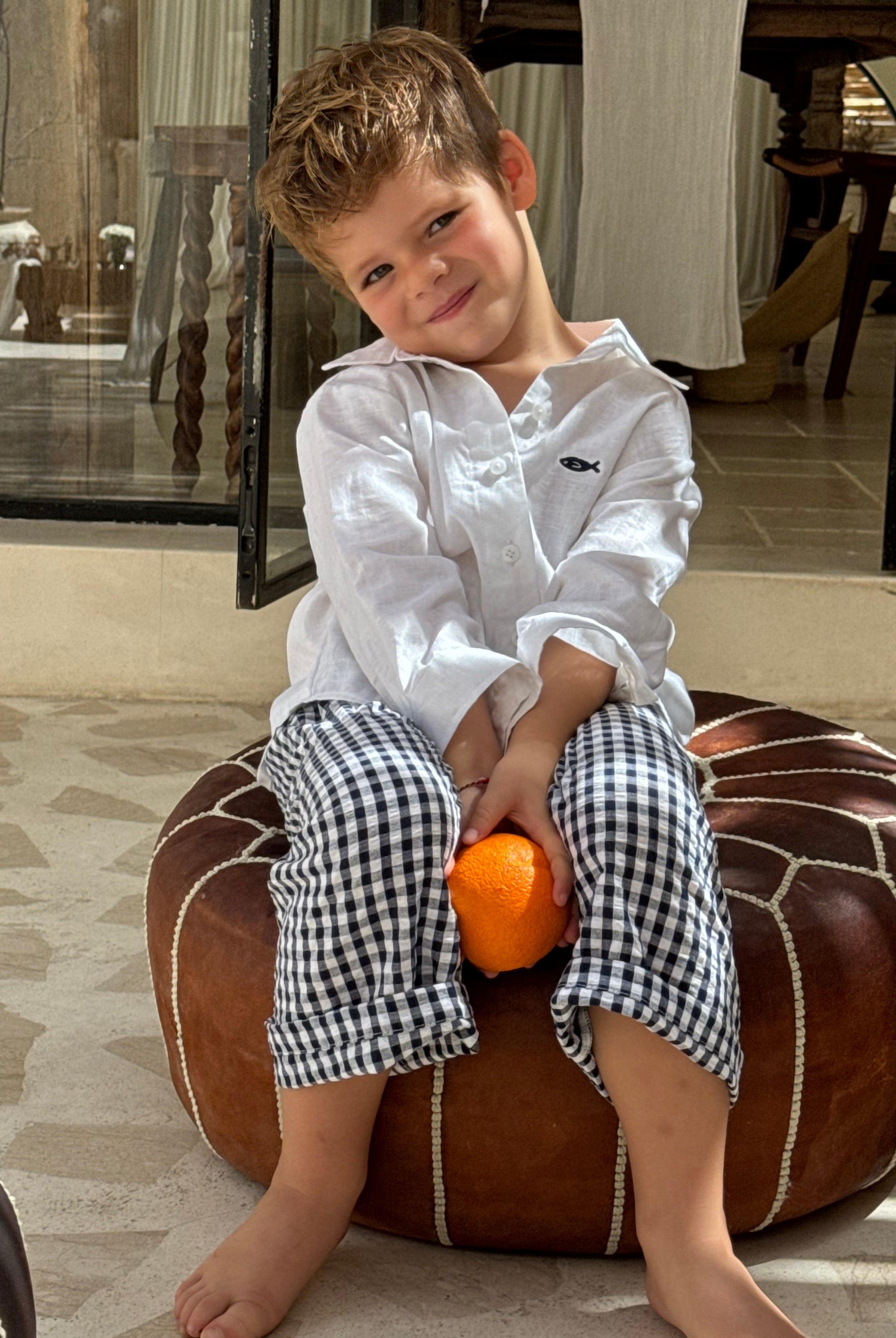 Navy gingham kids pants for boys, Puka The Label Pantai Pant nautical beach style