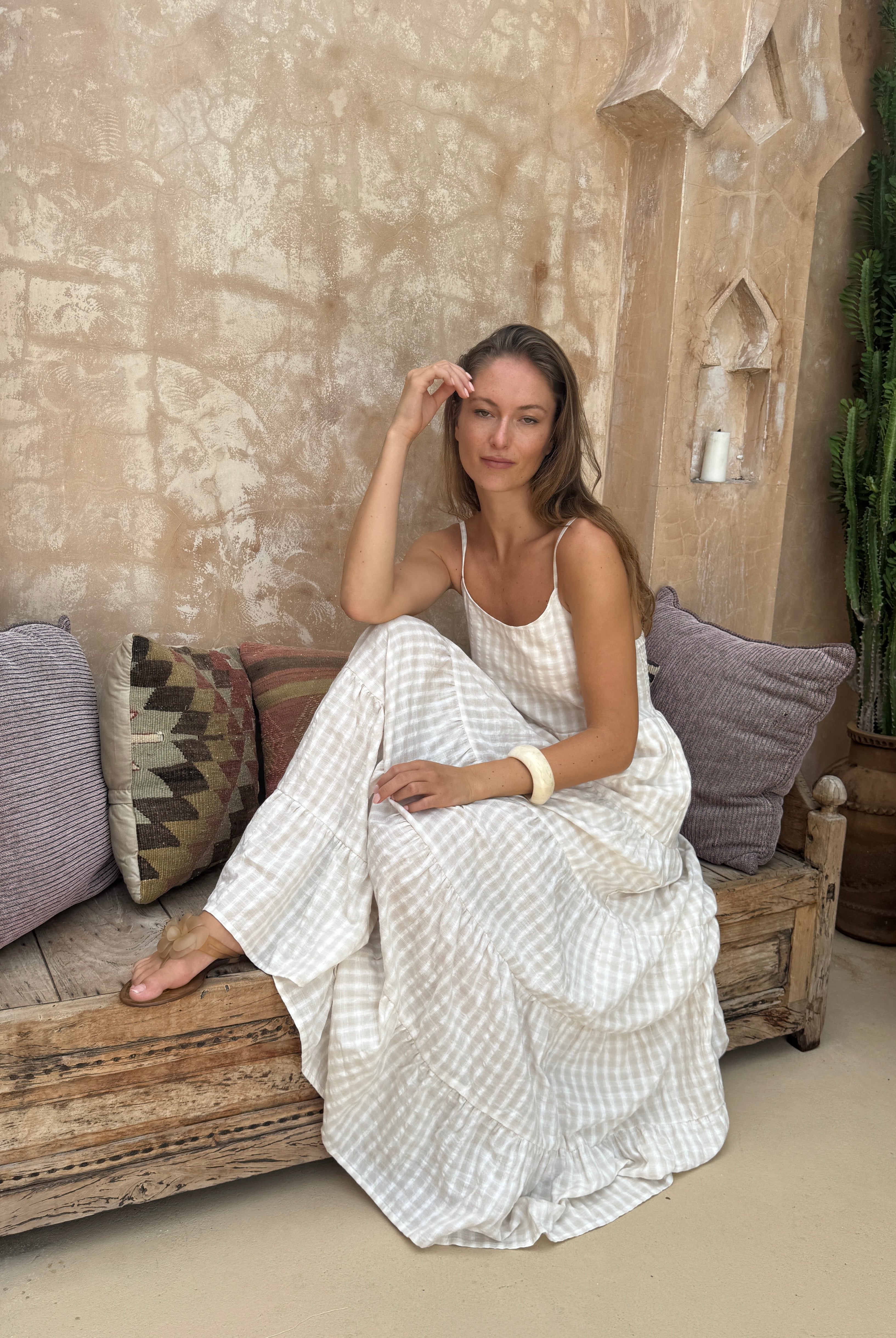 Neutral beige check tiered cotton maxi dress Cape Cod and Nantucket summer outfit 2026, chic effortless Waverly Dress for East Coast coastal occasion