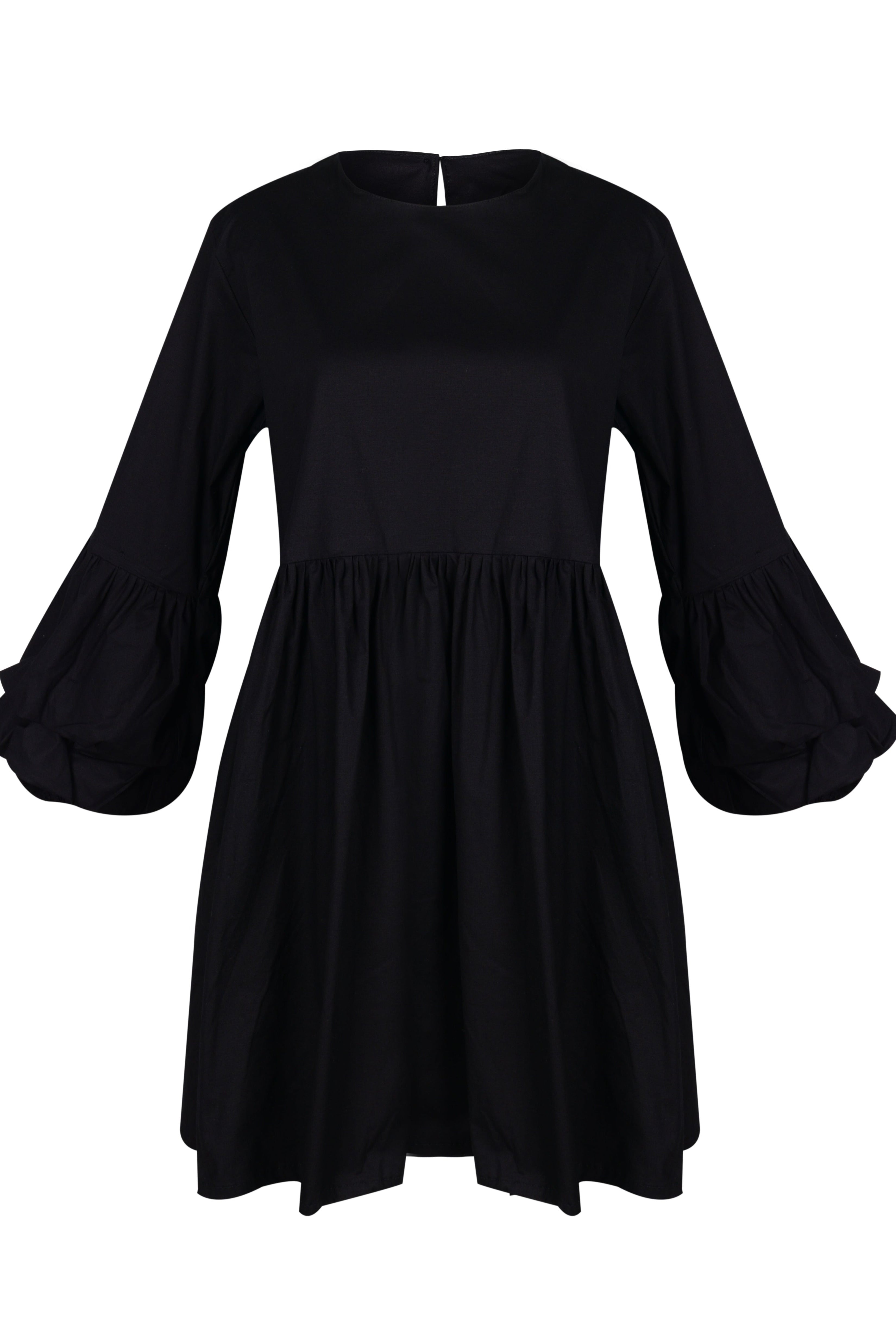 Nori Dress black ghost mannequin flat lay, oversized ruffle sleeve cotton mini dress with button closure 95% cotton 5% spandex Puka The Label 2026