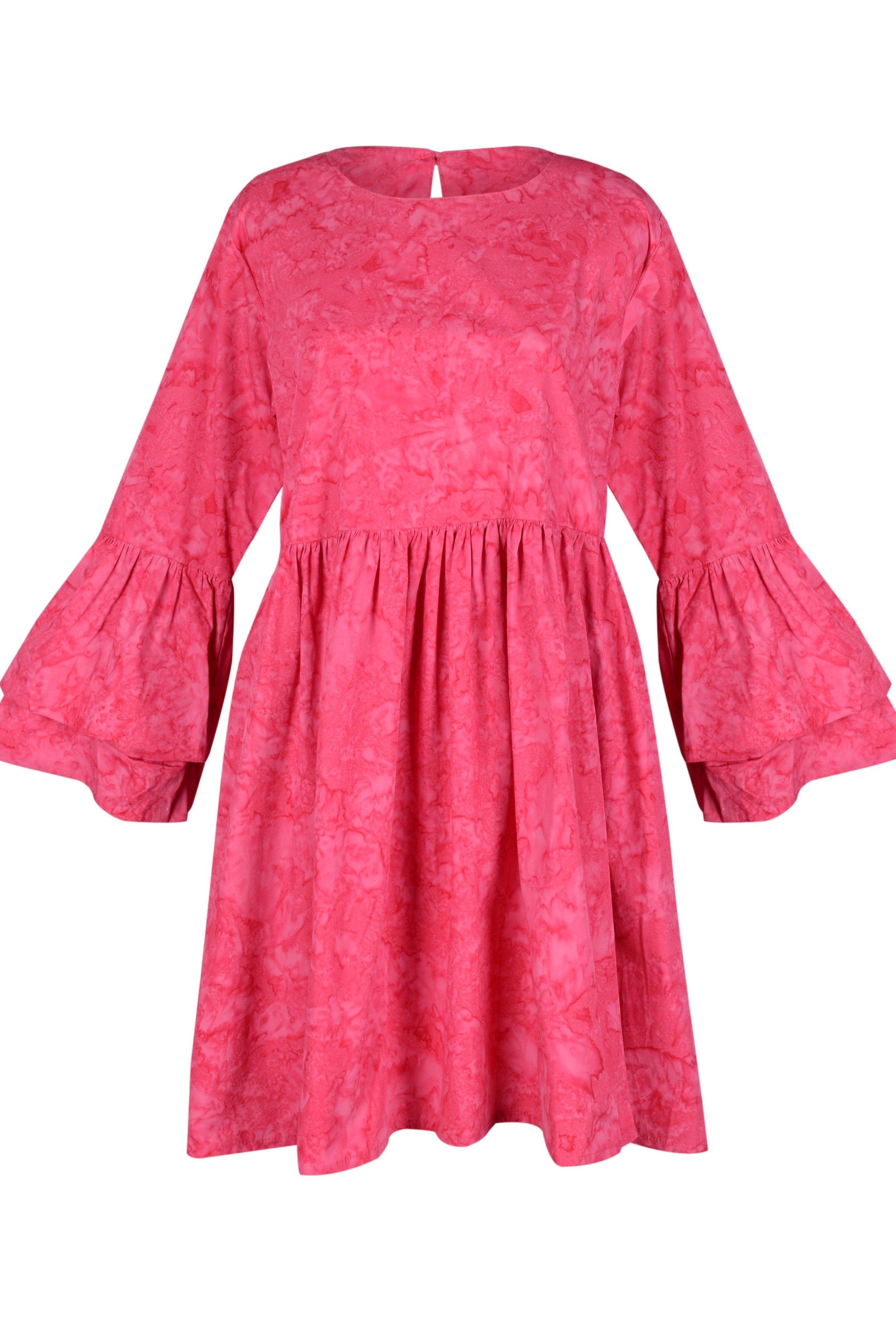 Nori Dress pink ghost mannequin flat lay, hand-dyed ruffle sleeve oversized cotton mini dress button closure neckline 100% cotton Java Puka The Label 2026