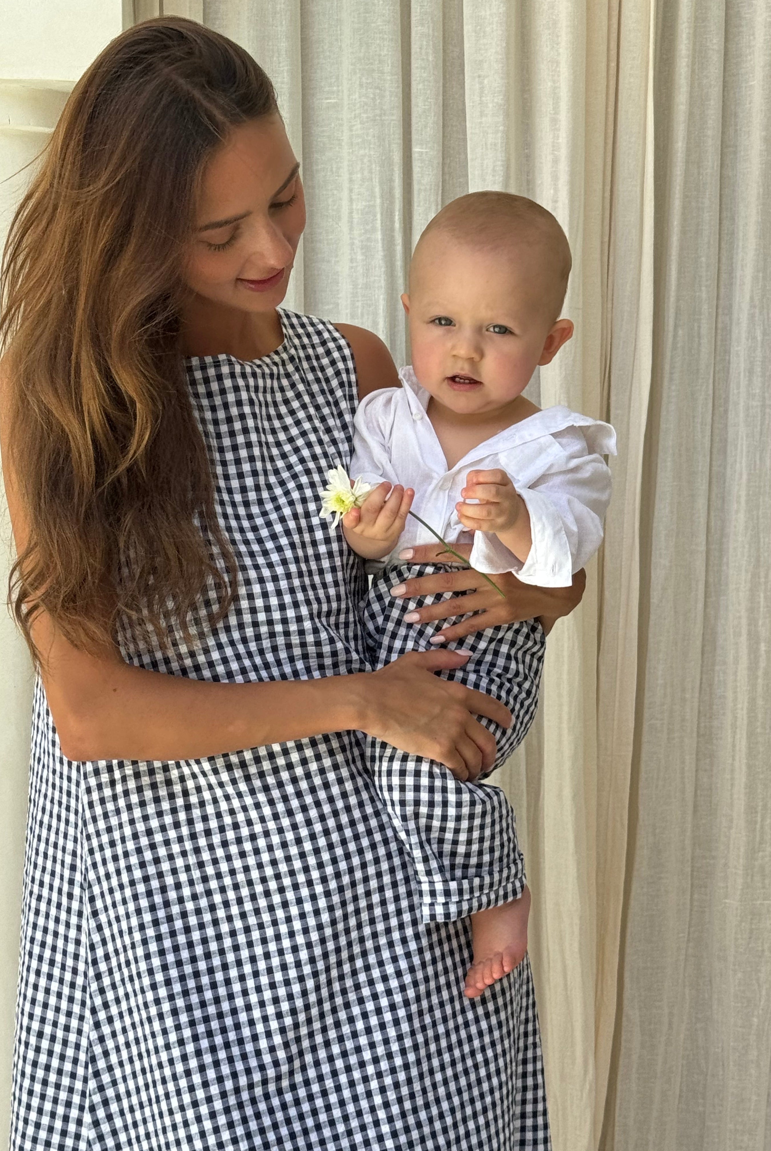 Boys navy gingham pants Puka The Label, kids vacation and resort wear. Mom and Son matching chic outfits