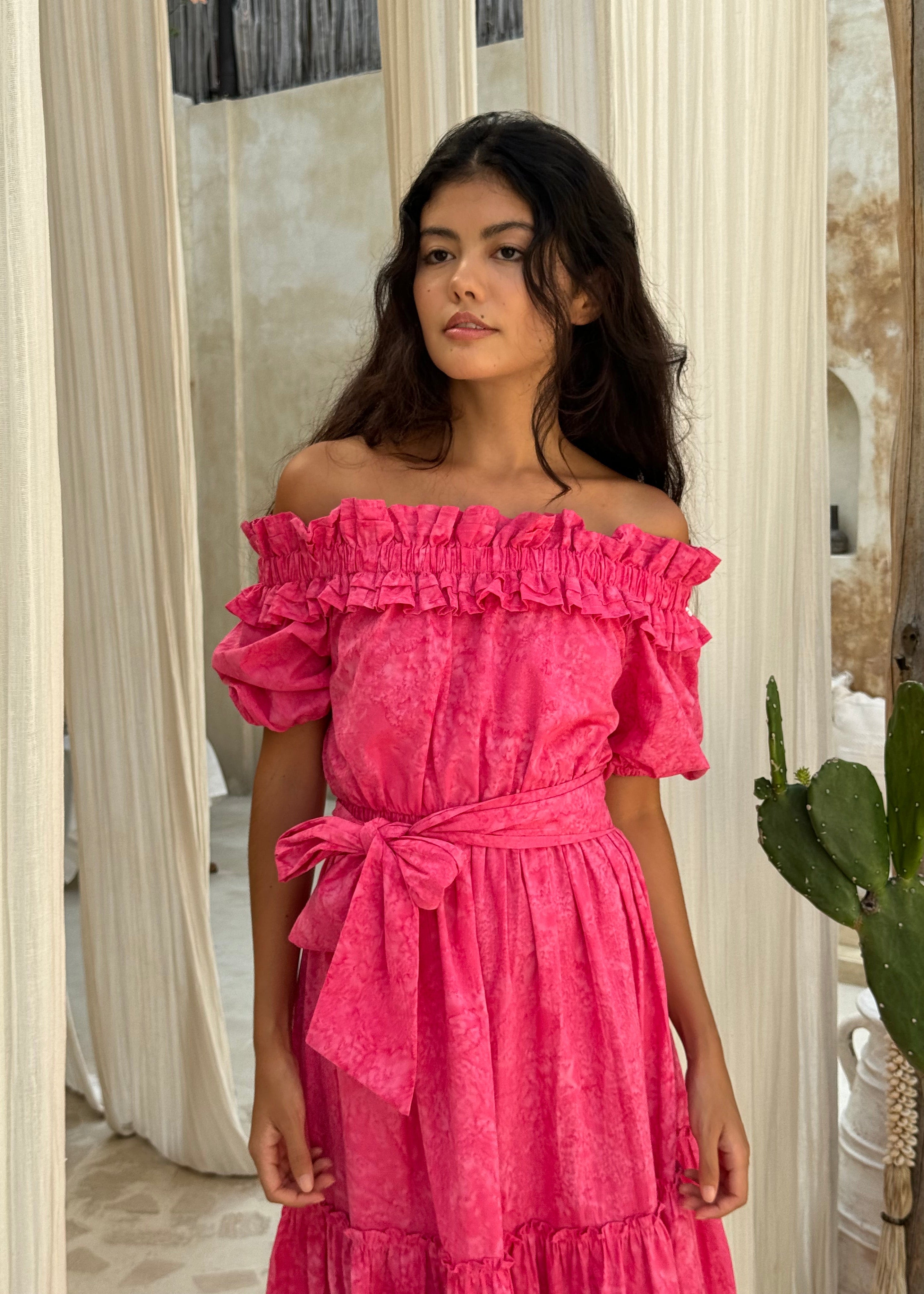 Pink bump friendly baby shower dress girl off the shoulder maxi, fun feminine cotton dress for girl baby shower celebration