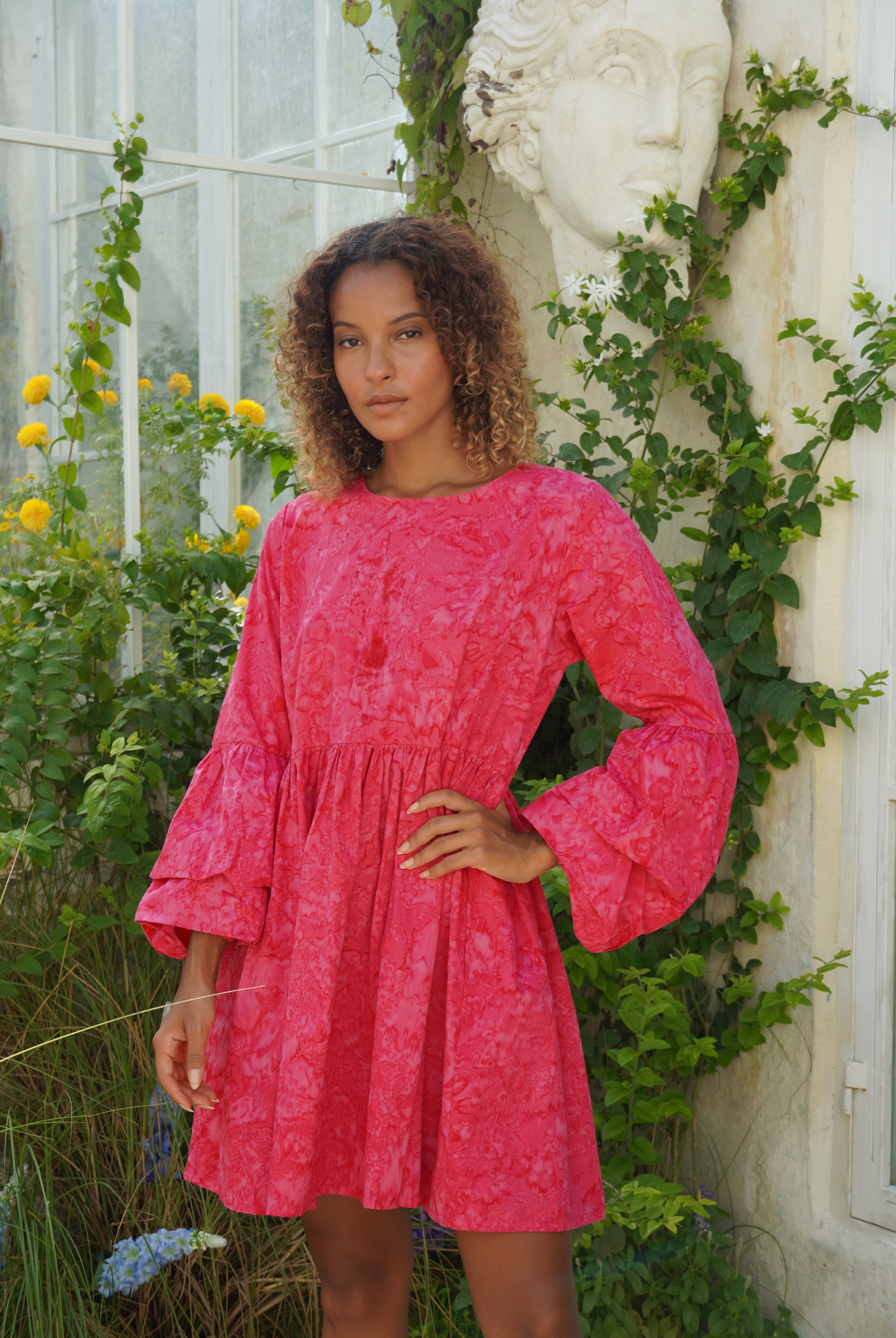 Pink hand-dyed Nori Dress Hamptons and Nantucket preppy summer outfit 2026, vibrant ruffle sleeve cotton mini dress for East Coast coastal occasion