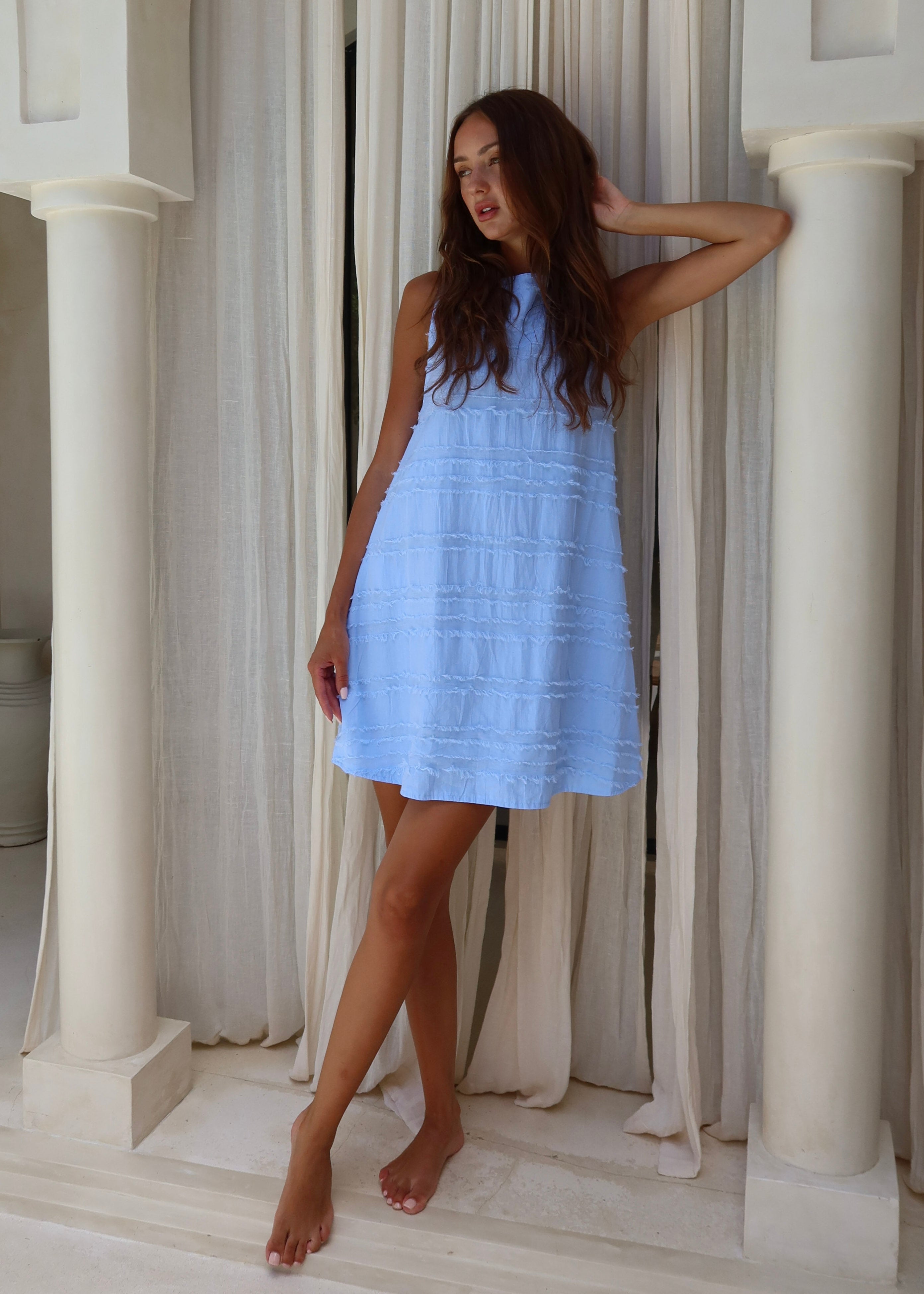 Couper x Puka Exclusive light blue textured cotton Mini Gili dress summer outfit 2026, reversible V-neck or high neck mini dress Puka The Label