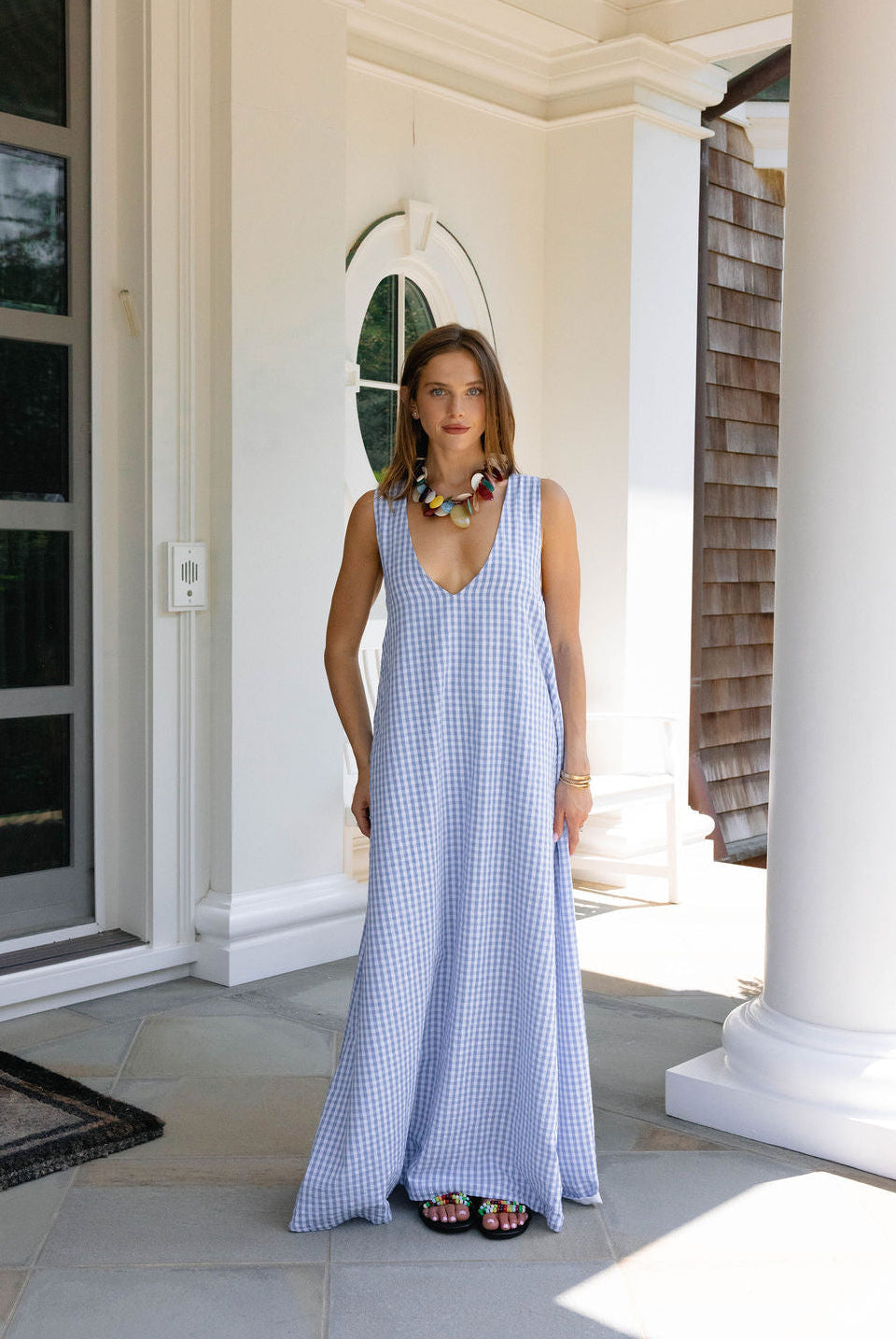 How to style a light blue gingham maxi dress in the Hamptons β effortless resort look, Puka The Label