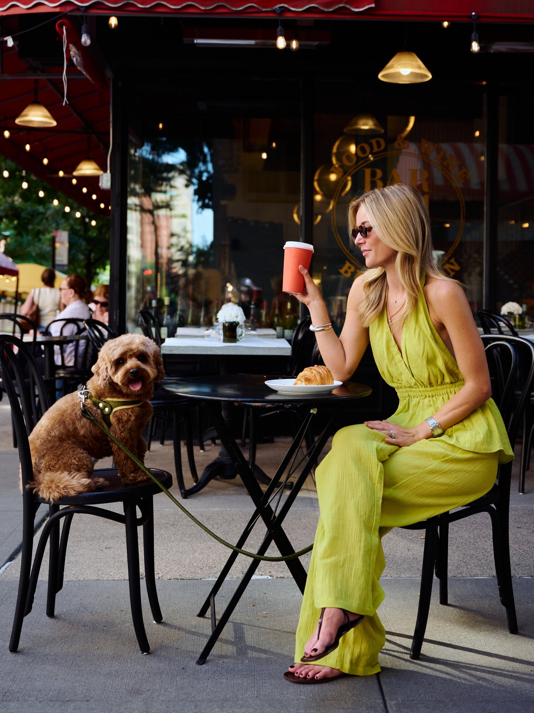 Natalie Simkins in Carlyle Set Olive Brine seated at NYC cafe holding coffee, curly dog on chair