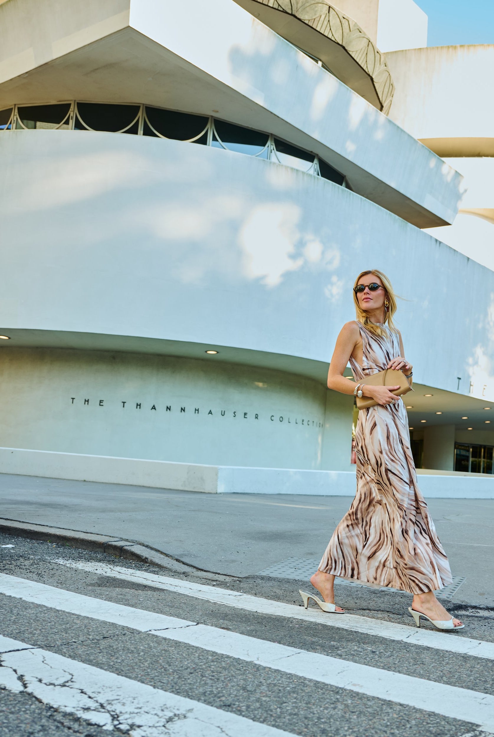 Puka Cleo maxi dress Brown Zebra print, Natalie Simkins on NYC street, front view