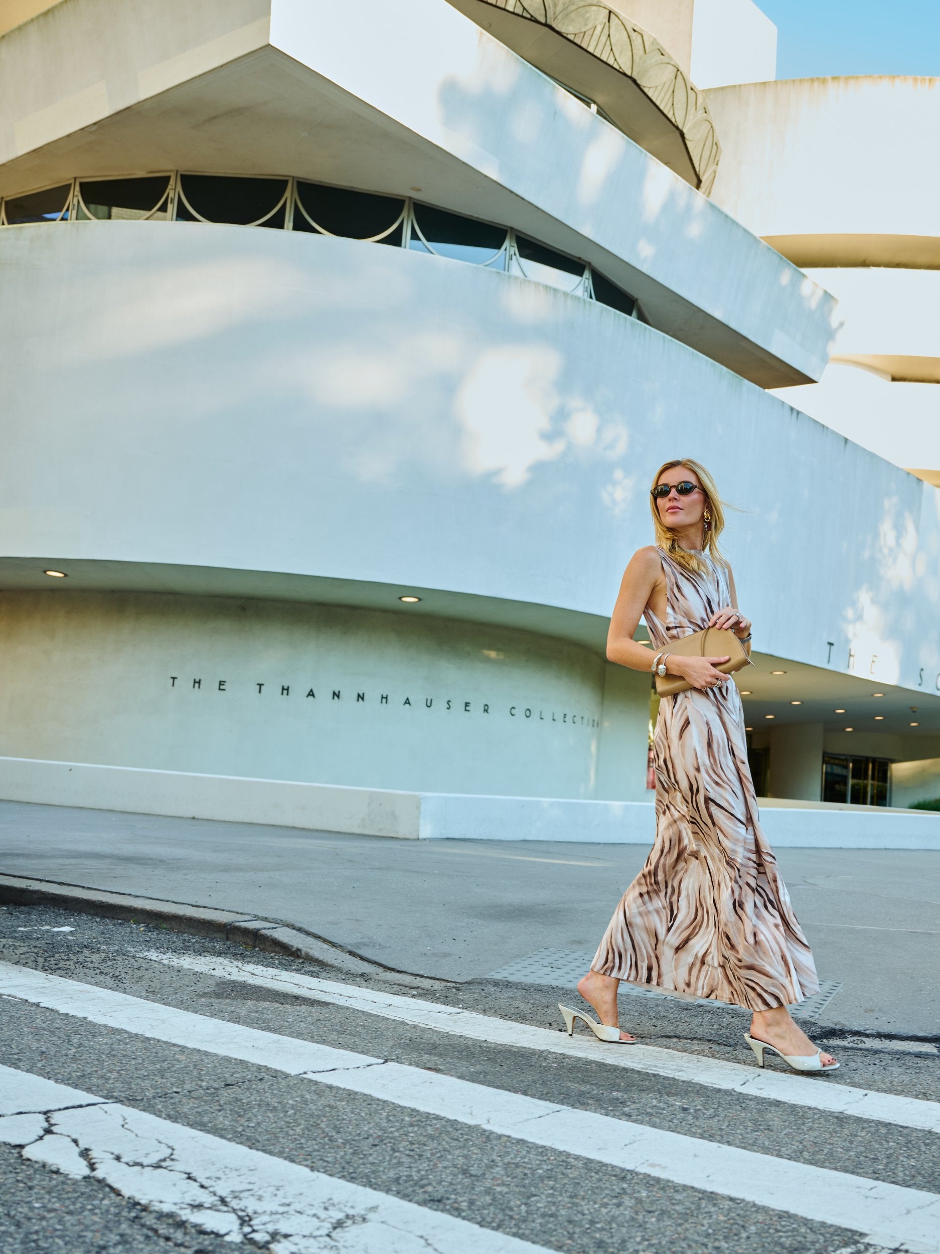 Puka Cleo maxi dress Brown Zebra print, Natalie Simkins on NYC street, front view