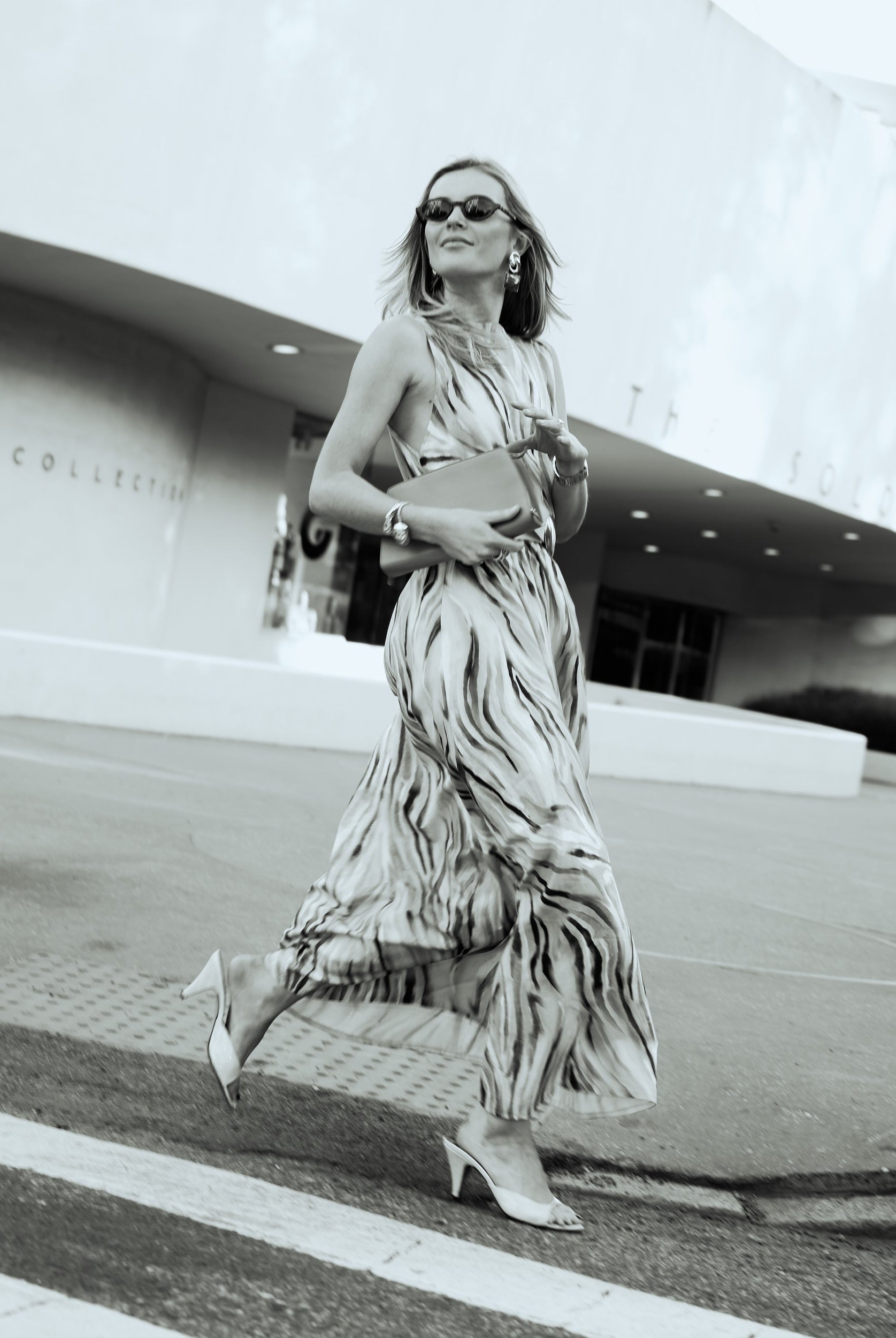 Natalie Simkins in the Cleo Brown Zebra maxi, Guggenheim Museum NYC, editorial black and white