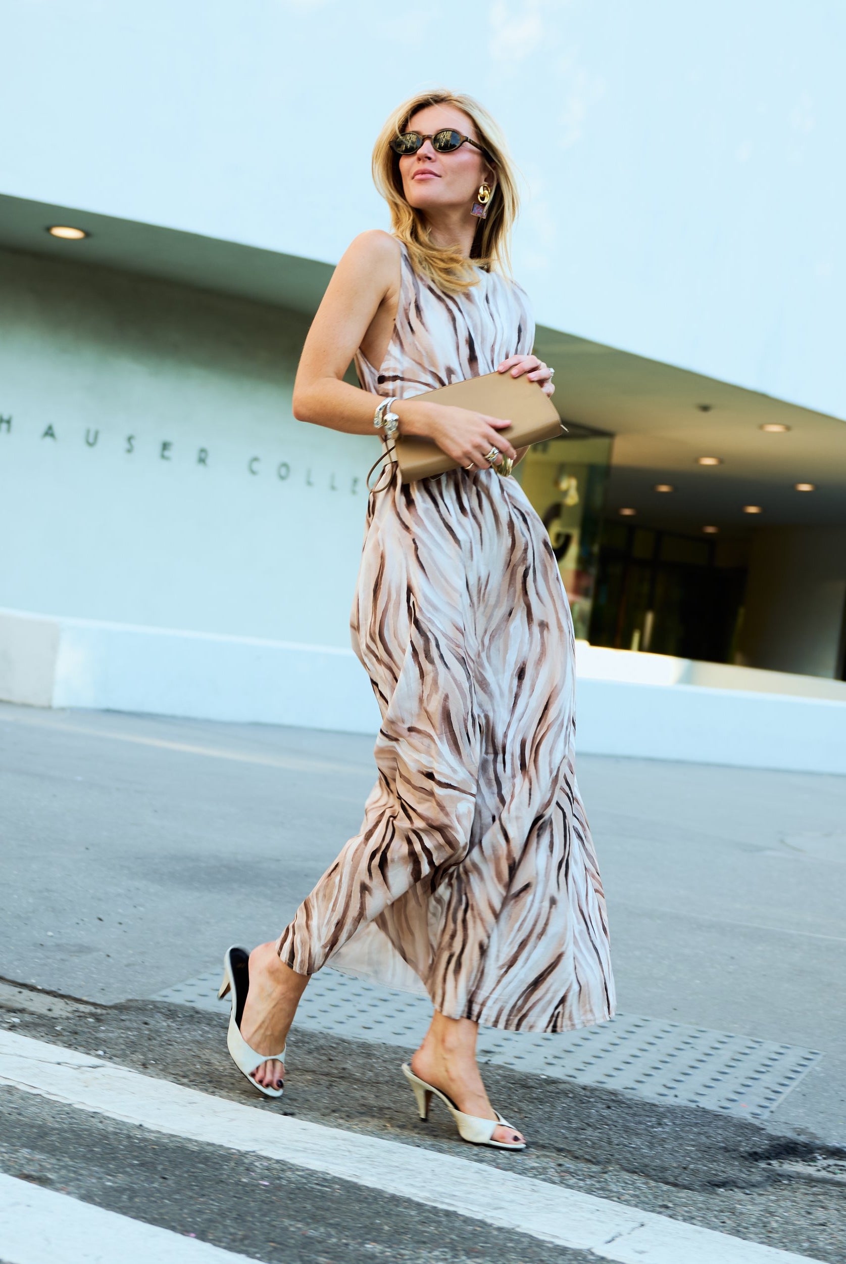 Brown Zebra Cleo maxi dress, abstract watercolor wave print detail, Natalie Simkins NYC