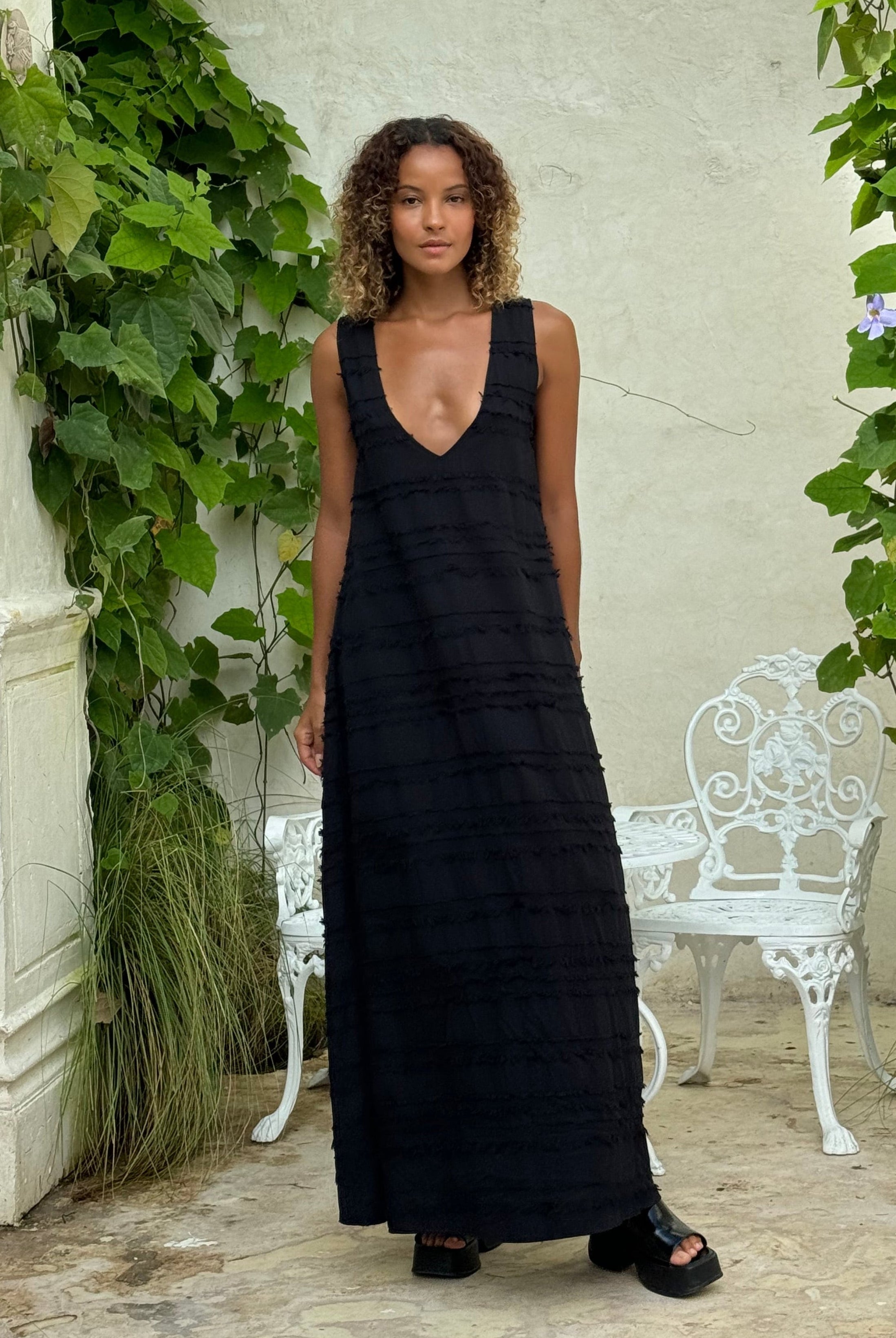 Black Chic Textured Cotton Maxi dress, easy to wear throw on dress that looks put together