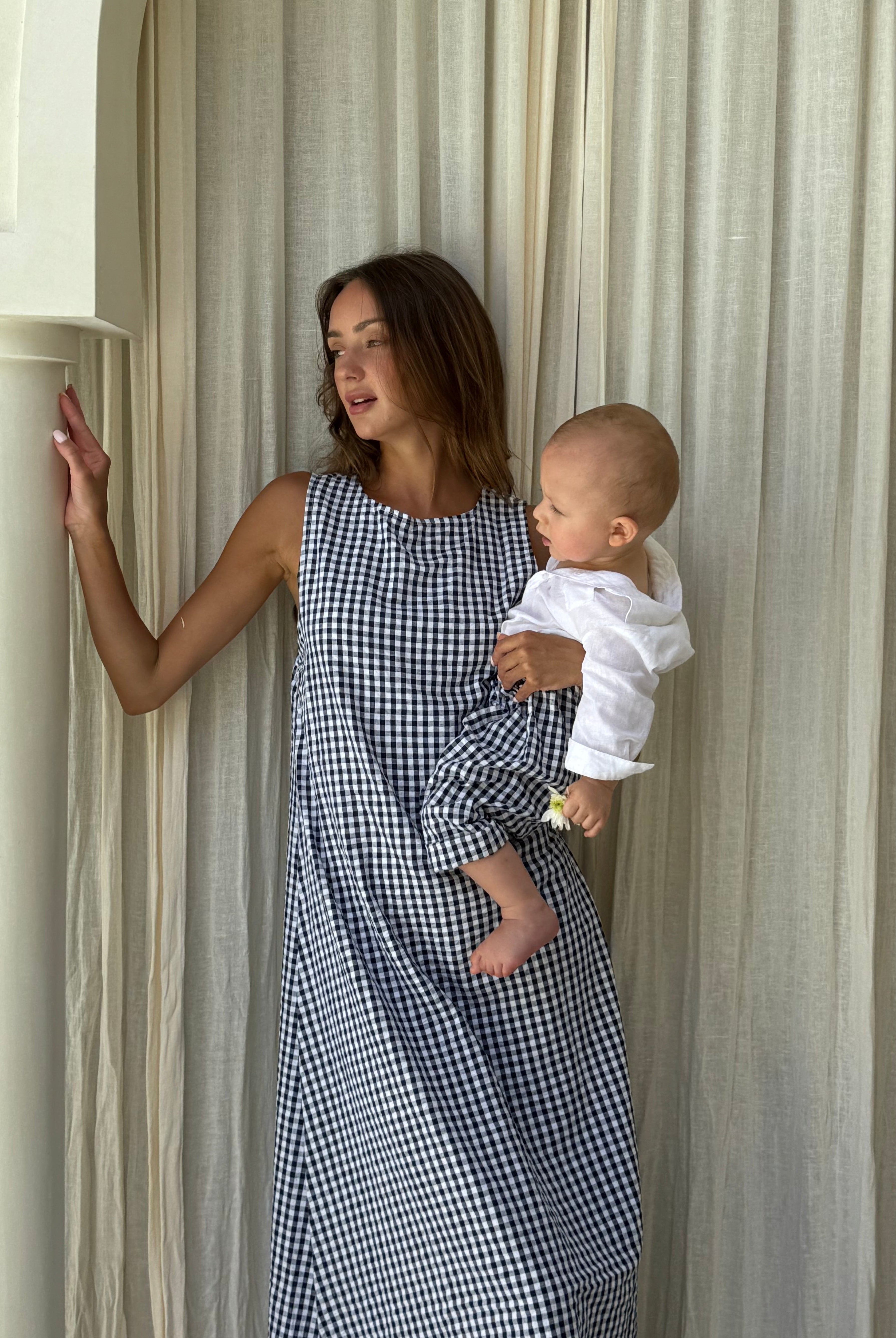 Mom and Son matching chic navy gingham outfit, not overly matchy, cute mom & son mother's day outfit ideas