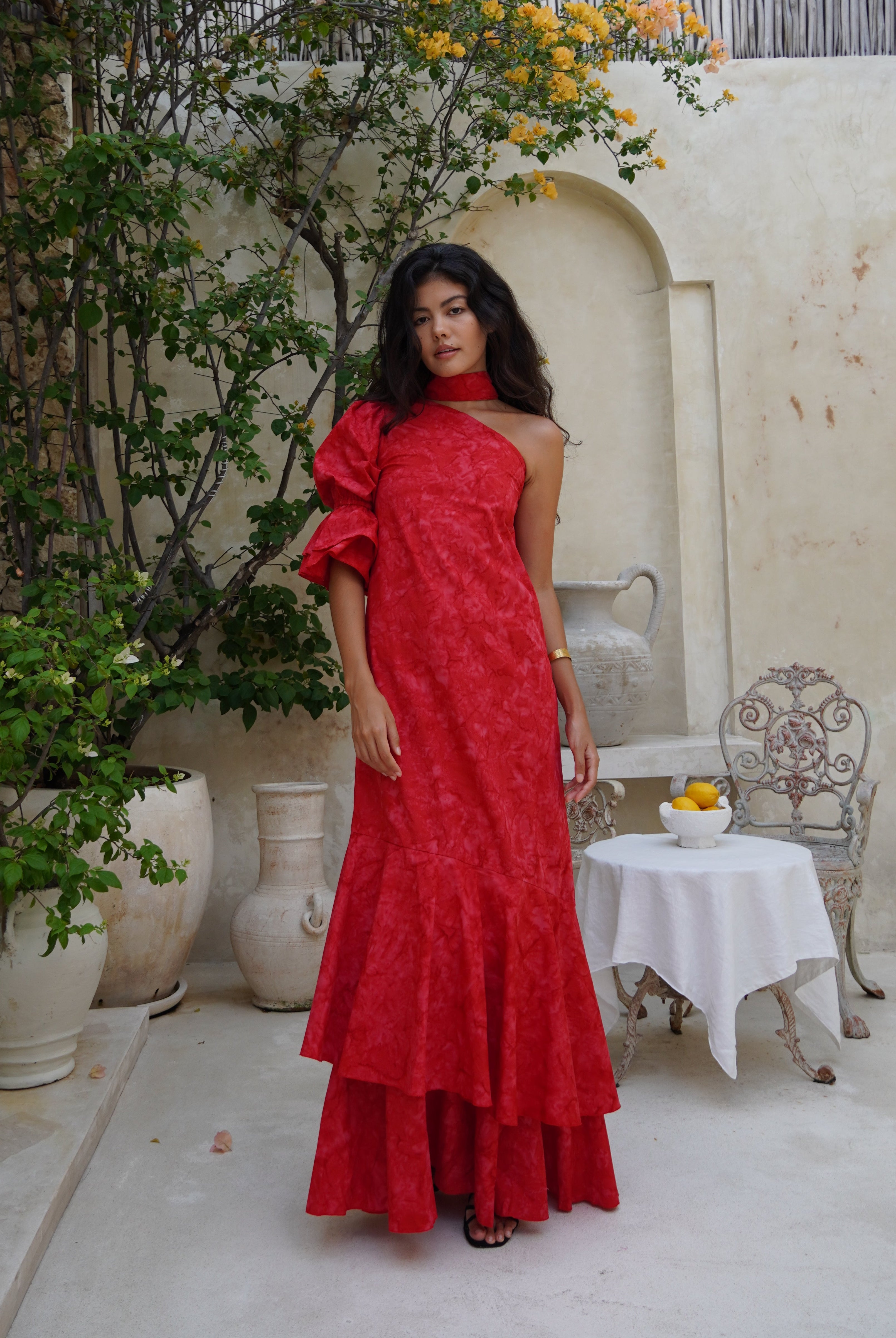 Chic red ruffle maxi dress, dresses for black tie and beach weddings, sophisticated stunning, one of a kind dresses for formal events