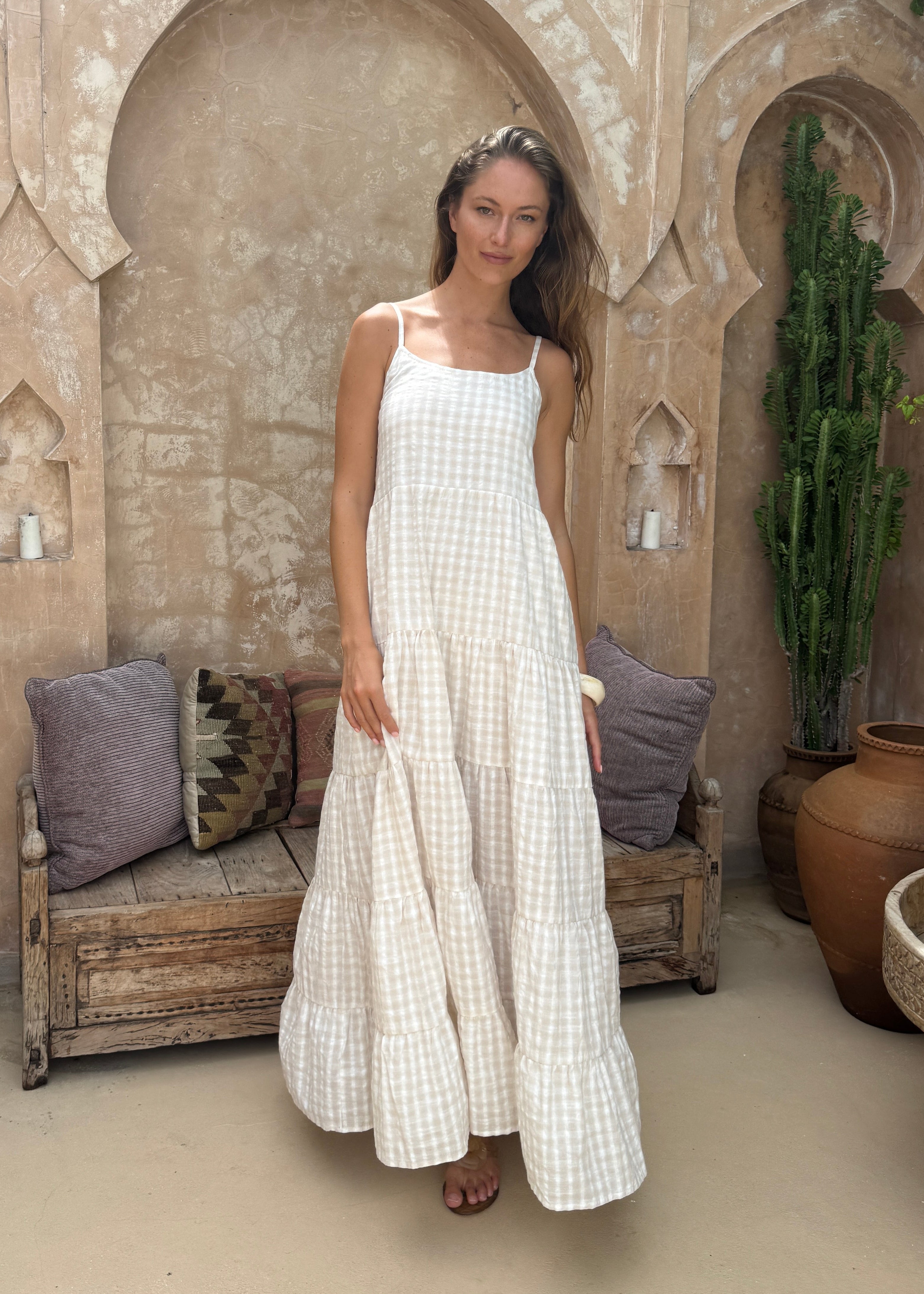 Tiered summer dress in beige gingham, flowy easy to wear maxi sun dress