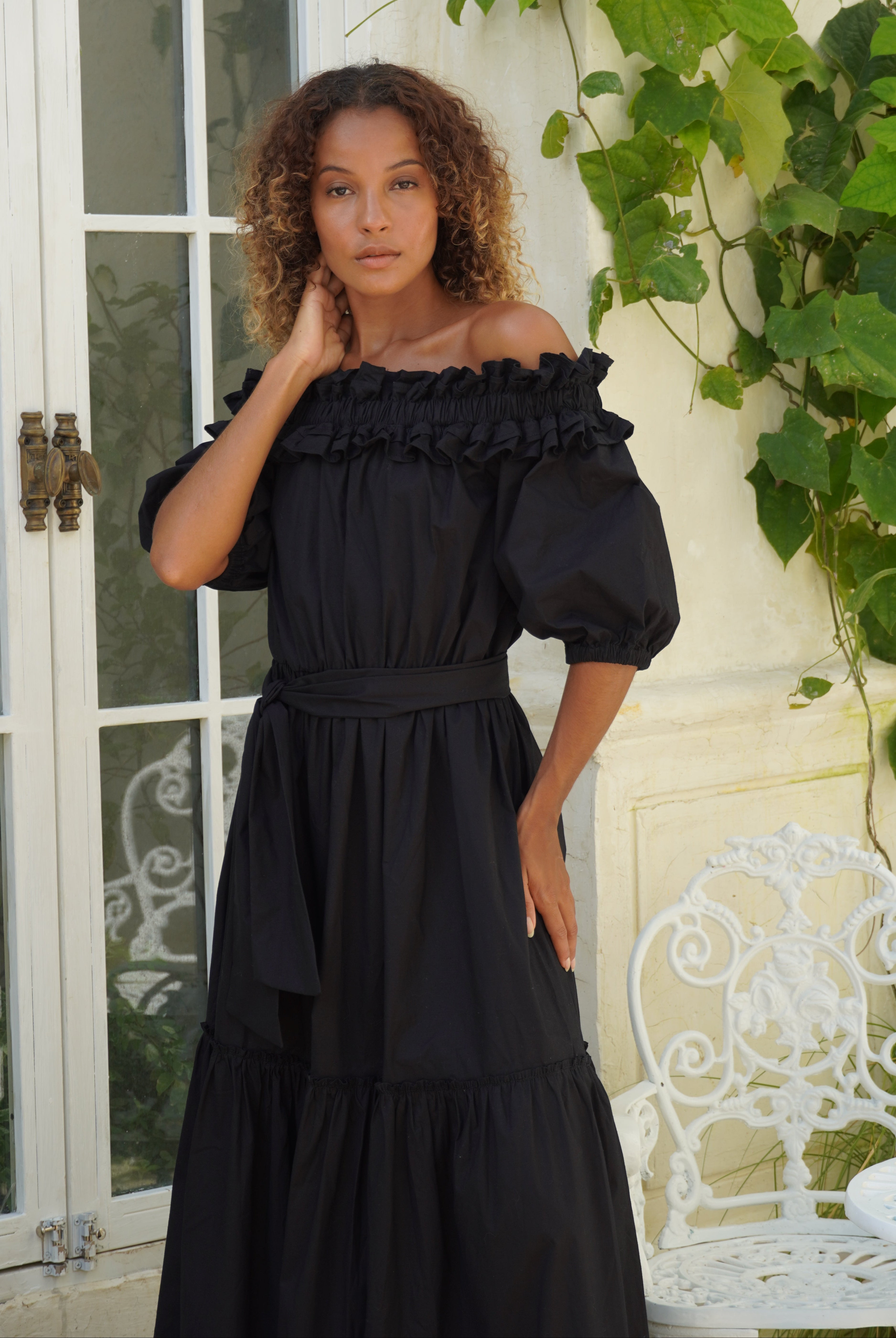 Black long gown, off the shoulder ruffle dress