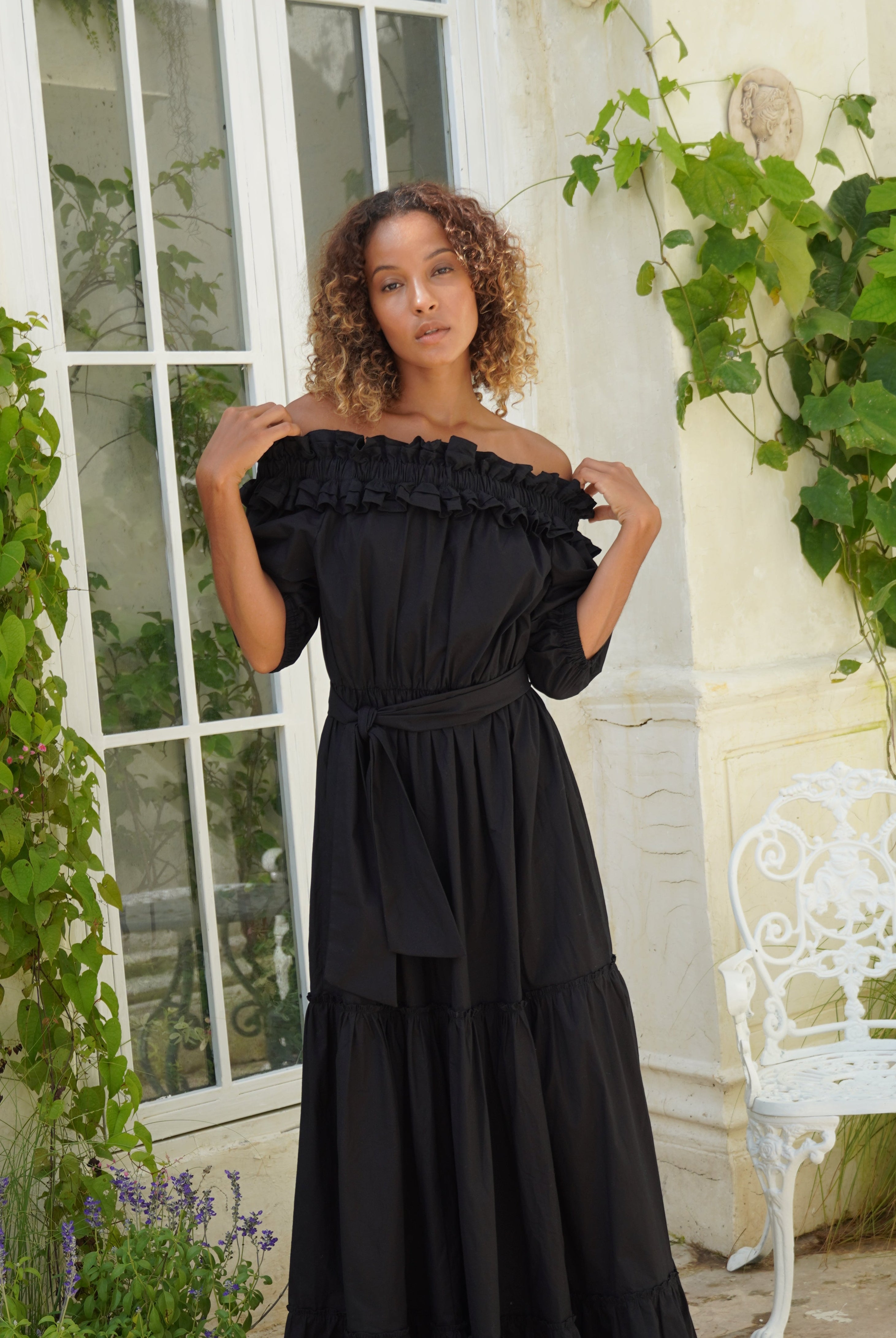 Ruffled off the shoulder black dress