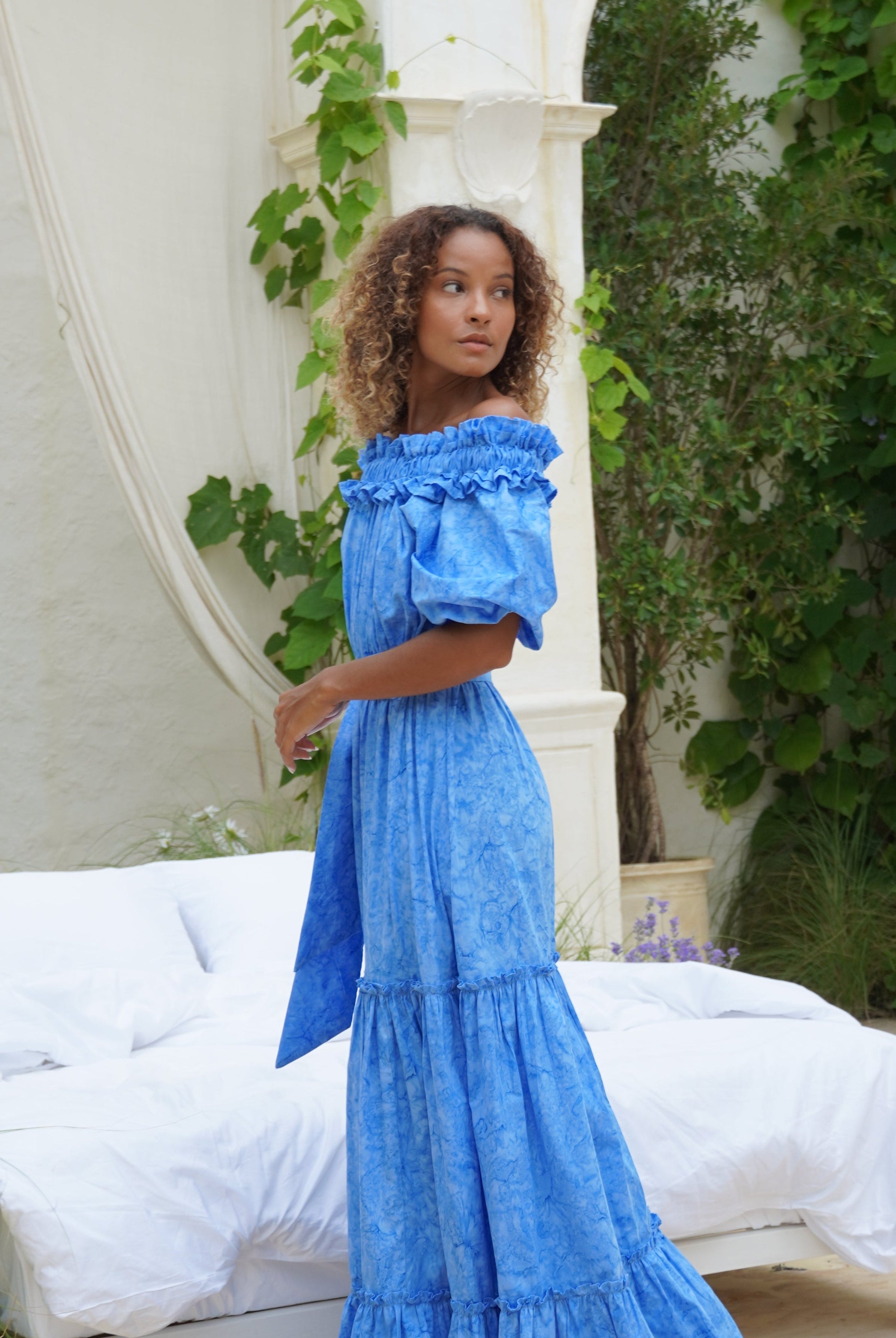 Blue off the shoulder dress with sleeves