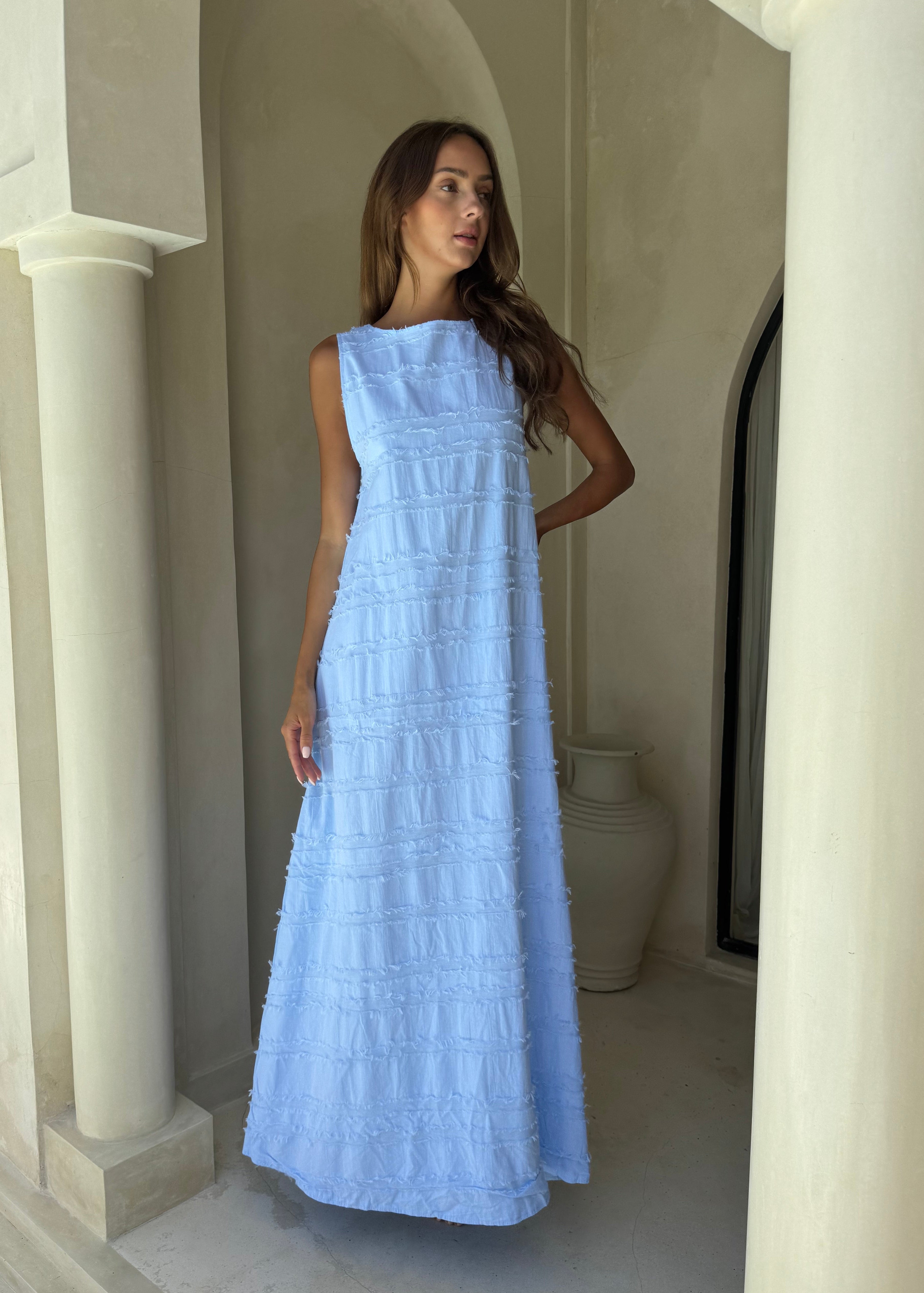 light blue feathered cotton dress for the hamptons. beach dresses 2026, spring 2026, high neckline dresses