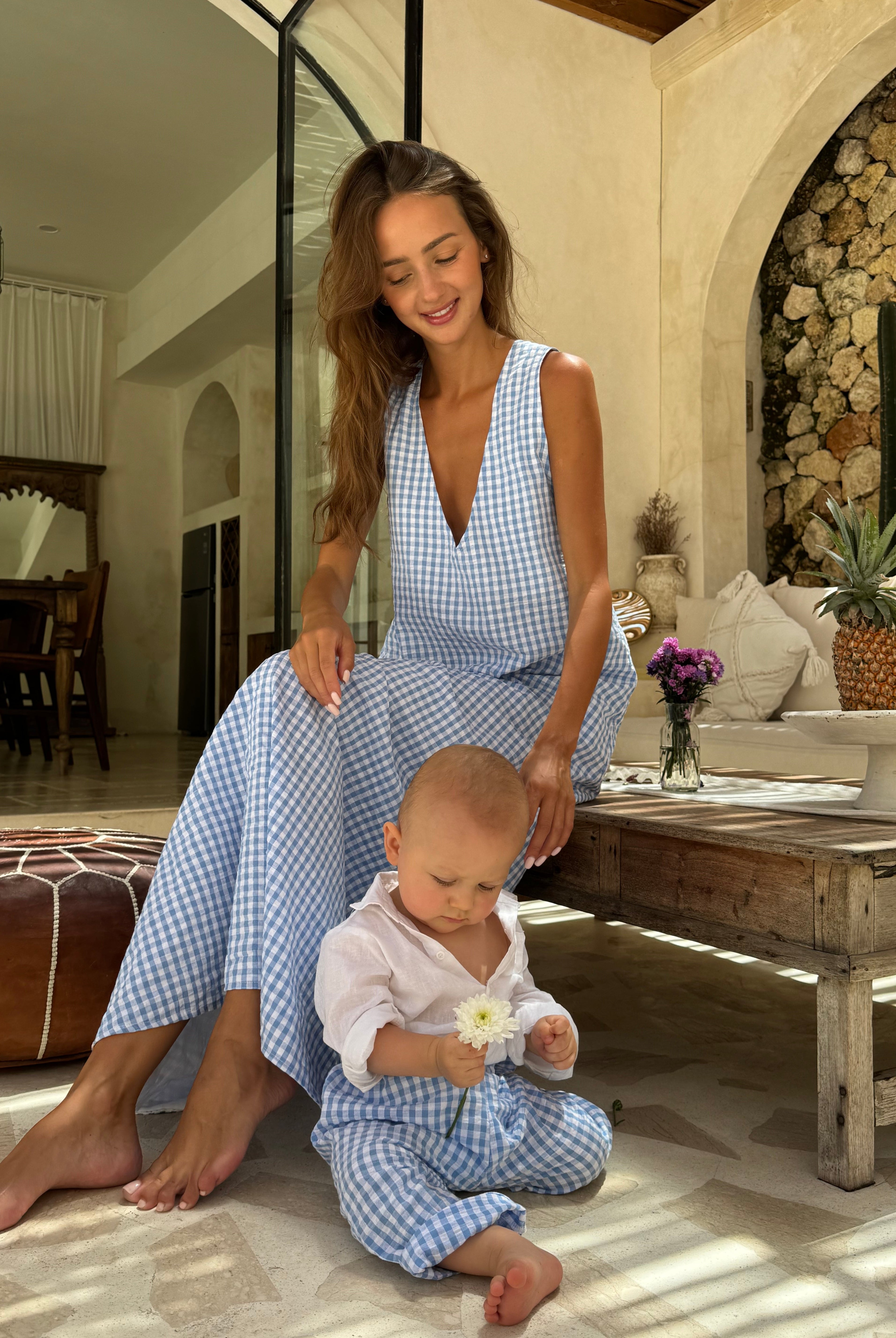 Boys light blue gingham pants with elastic waistband and drawstring, Puka The Label kids vacation wear
