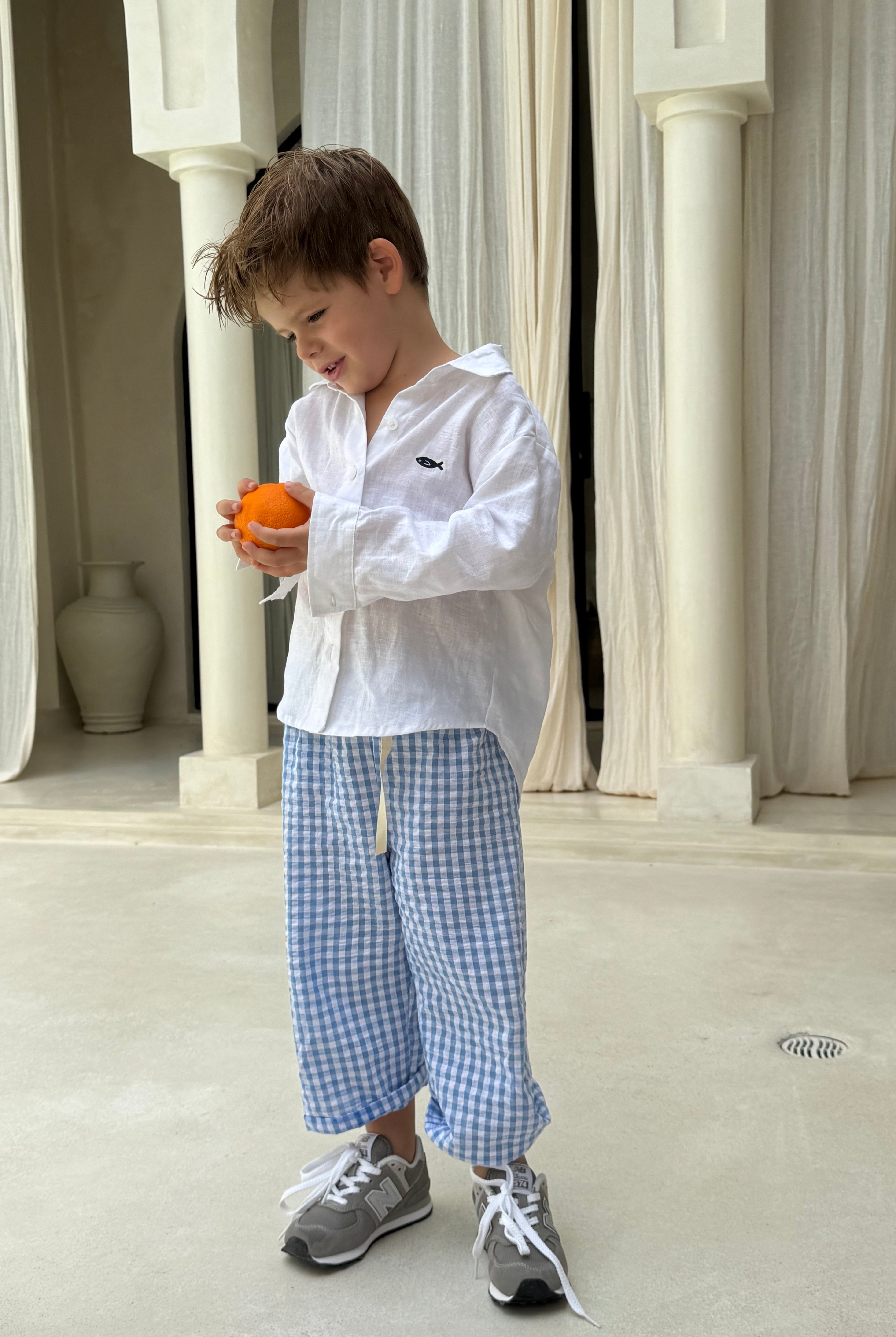 Pantai Pant light blue gingham boys pants, Mommy and Me matching kids outfit for beach and resort getaways