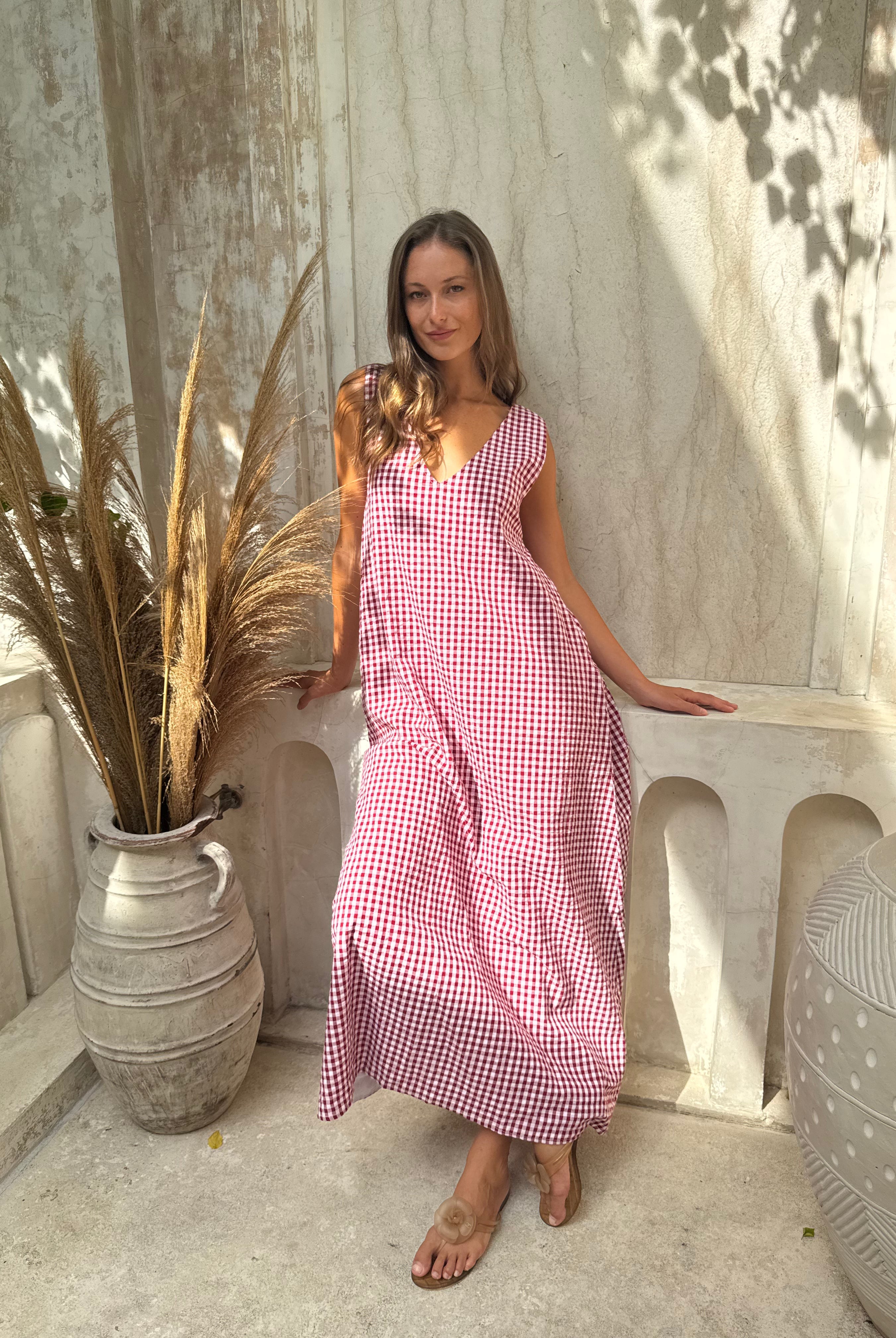 Red check Gili maxi dress coastal resort editorial β quiet luxury summer style, Puka The Label