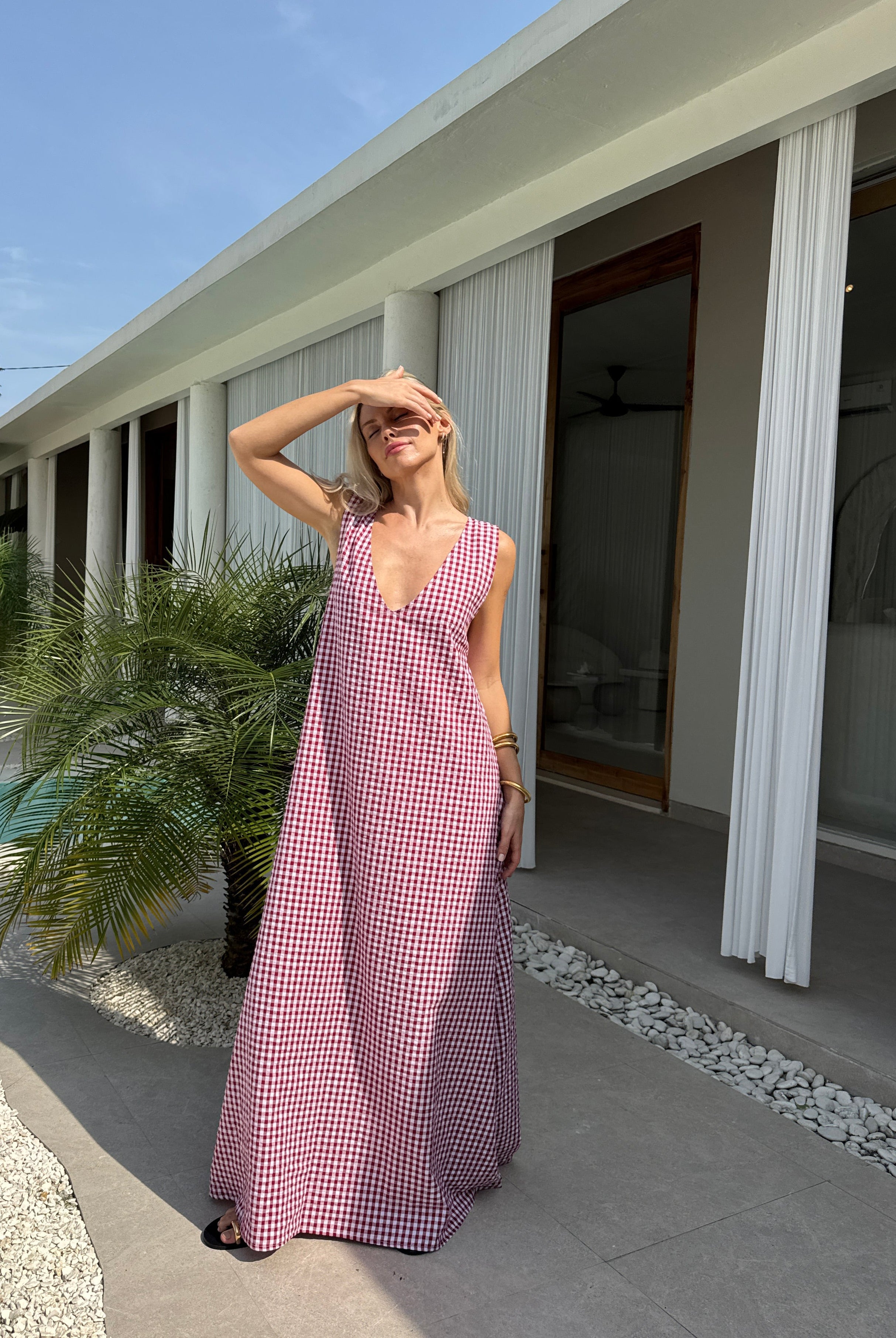 Red check cotton Gili maxi dress β Nantucket and Cape Cod quiet luxury summer style, Puka The Label