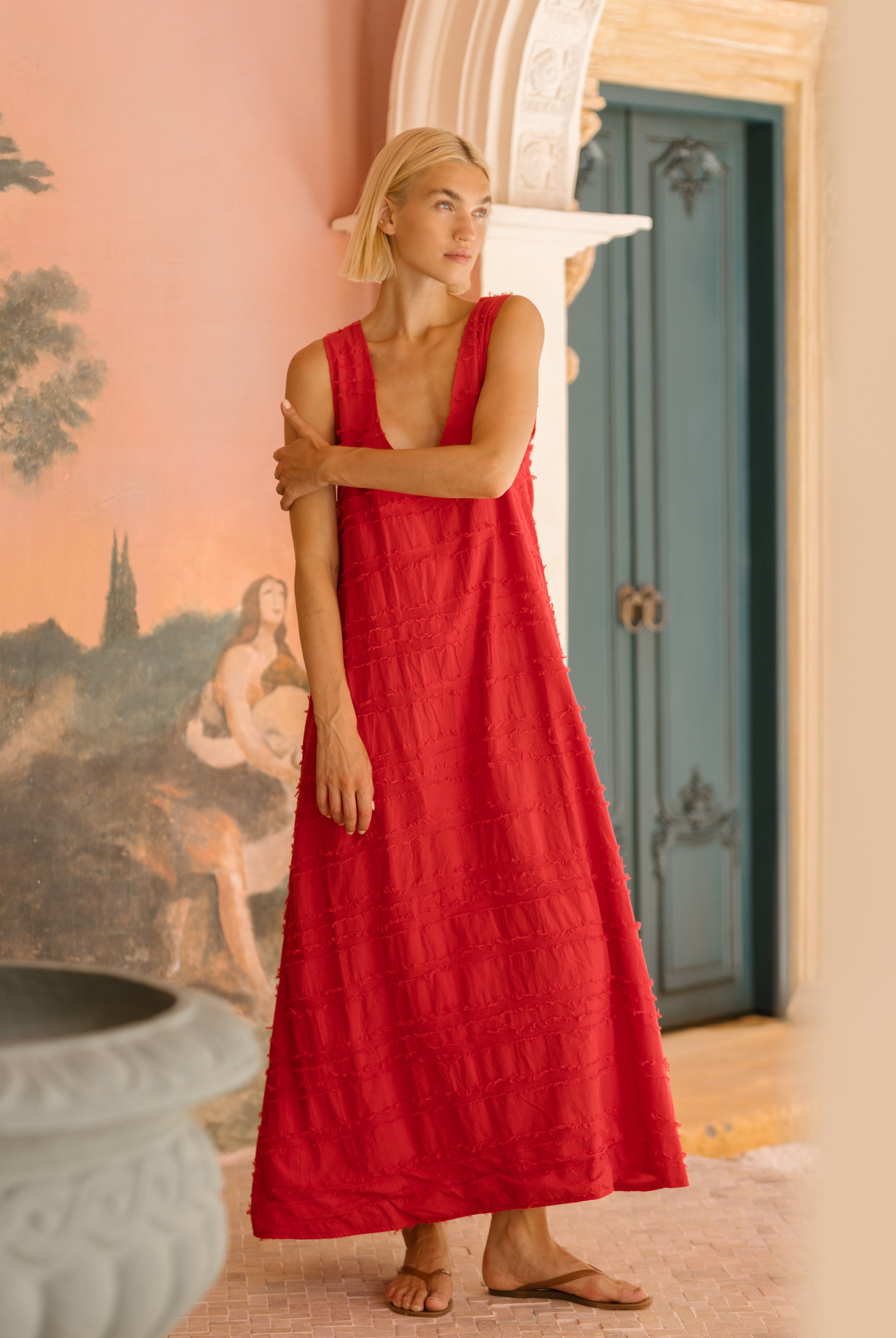 Red cotton maxi dress Memorial Day weekend outfit 2026, bold statement dress for outdoor BBQ, beach party, and summer kickoff celebration