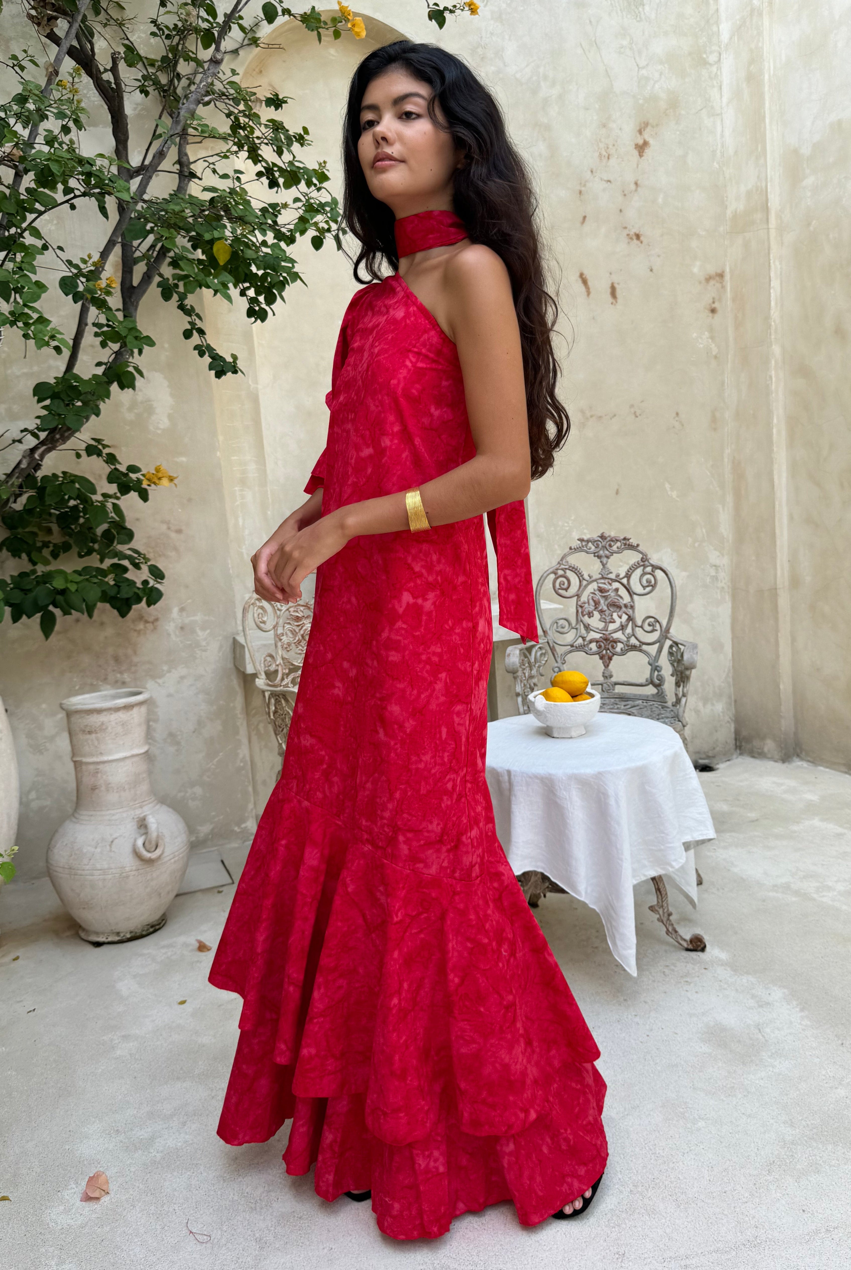 Red cotton ruffle maxi dress date night outfit idea, flowy statement dress for vacation and evening events