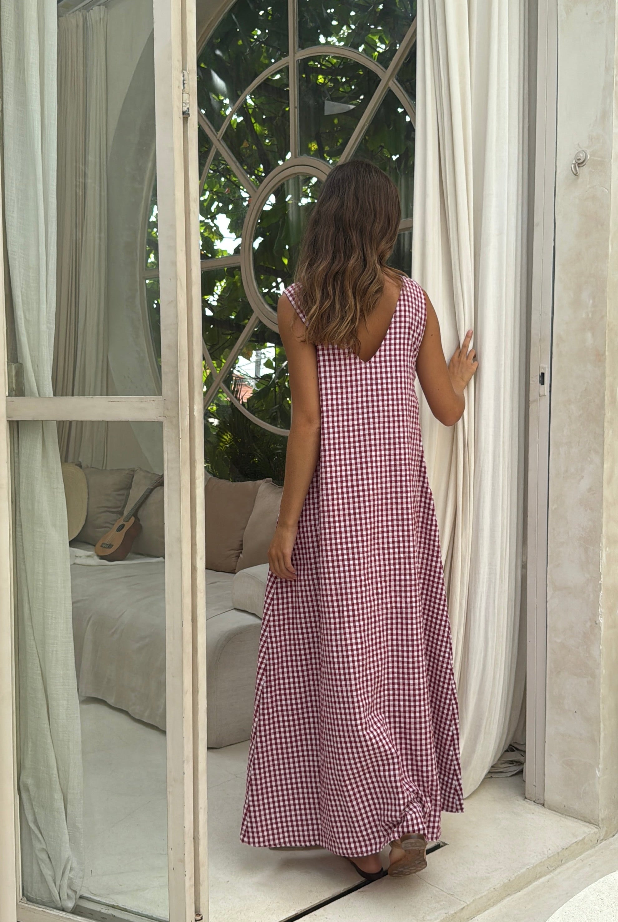 Red gingham cotton maxi dress β chic Palm Beach and Nantucket vacation outfit for women, Puka The Label